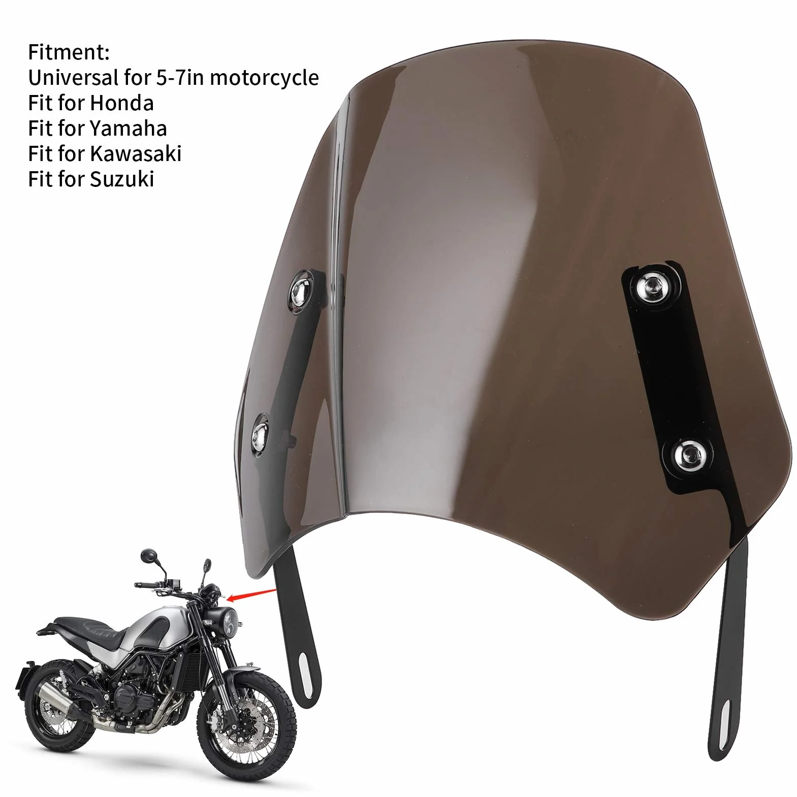 Aramox owiewka przedniej szyby motocykl, uniwersalny owiewka szyby przedniej motocykla ekran z uchwytem montażowym dla 5‑7 cali(Opalony)