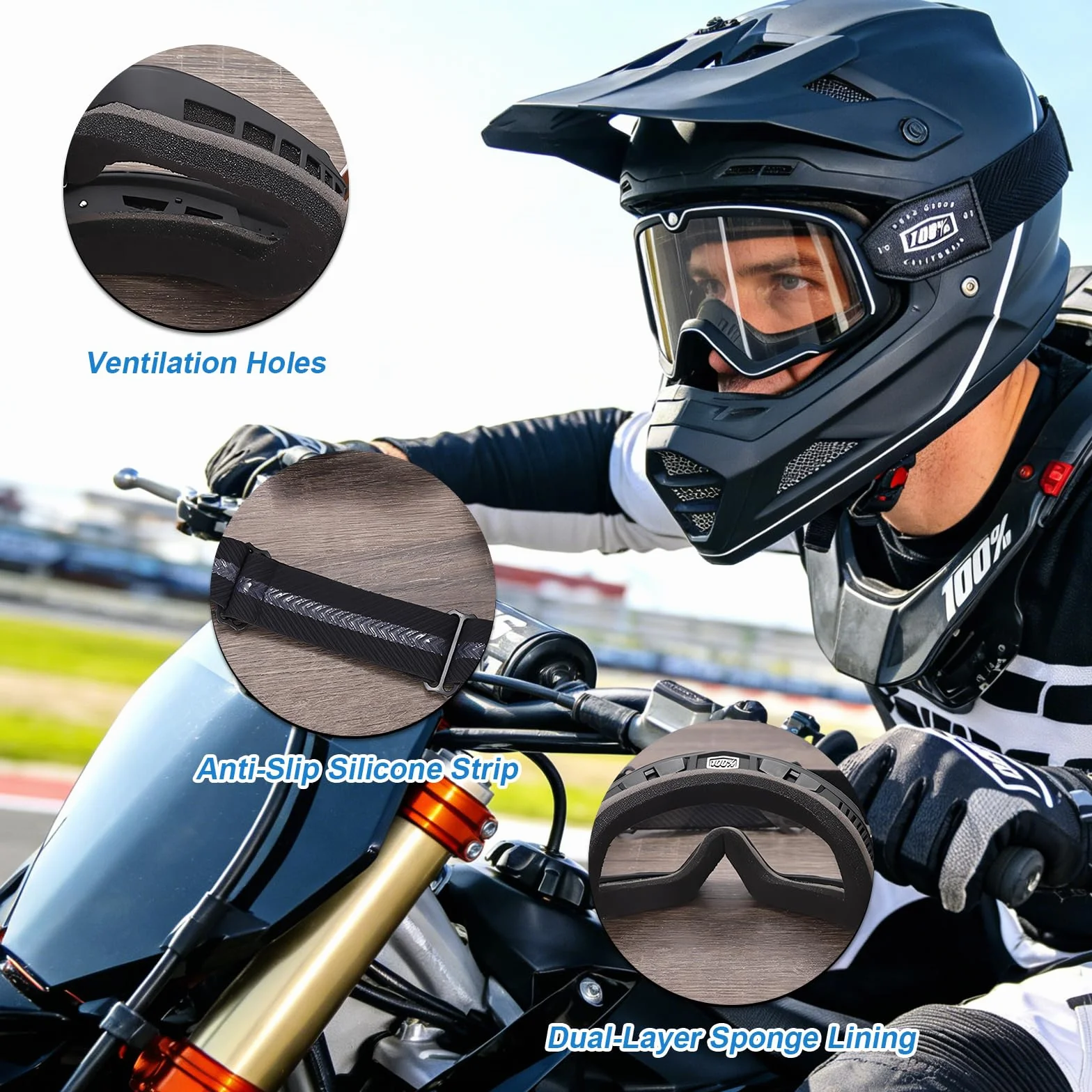 Gogle motocyklowe, gogle motocrossowe, gogle motocyklowe vintage z podwójną gąbką i antypoślizgowym elastycznym paskiem, gogle motocrossowe z wiatroszczelną, pyłoszczelną i ochroną przed