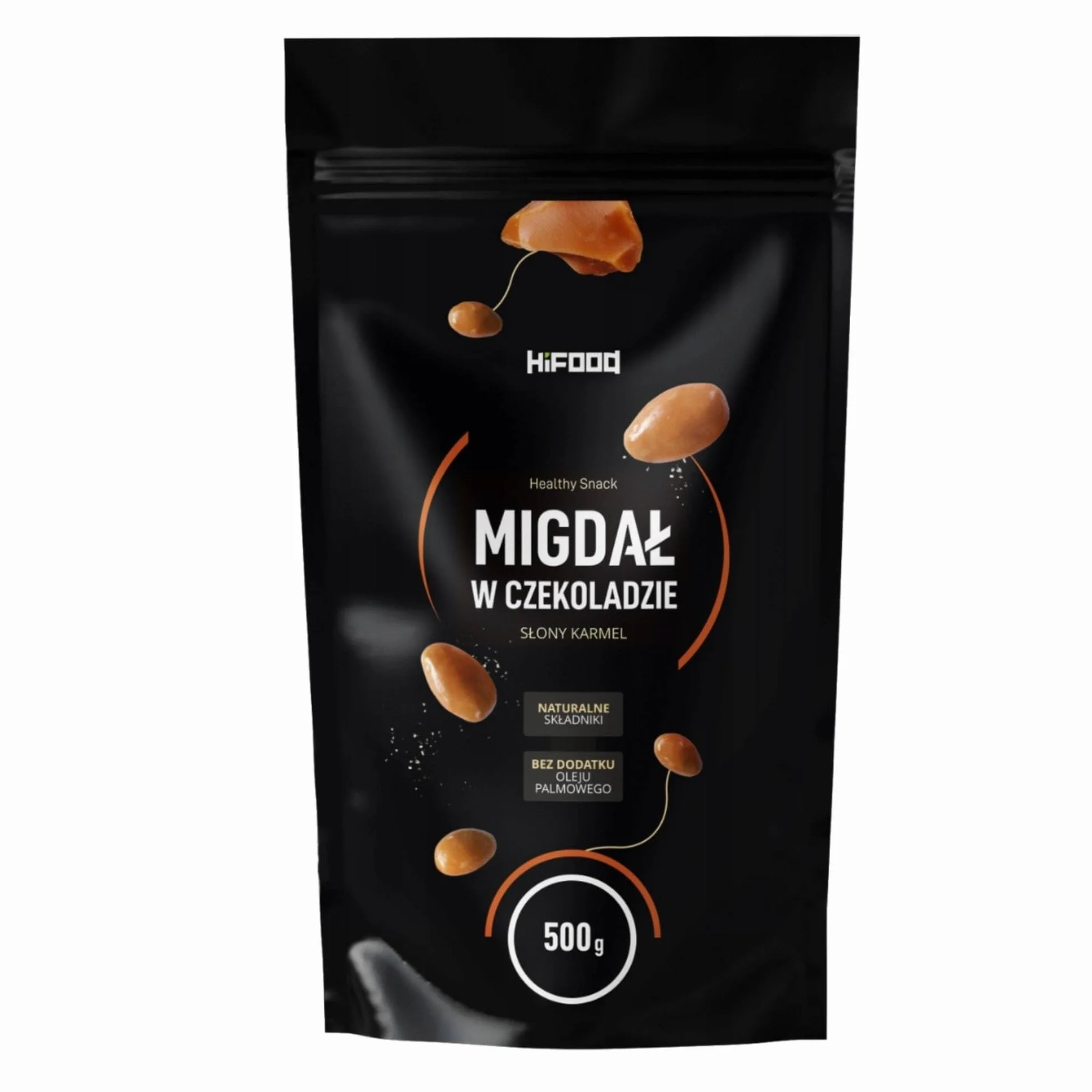 HiFood migdały w białej czekoladzie z solonym karmelem 500 g, słodko słona przekąska, chrupiąca przekąska, duże opakowanie, zapas dla rodziny i gości