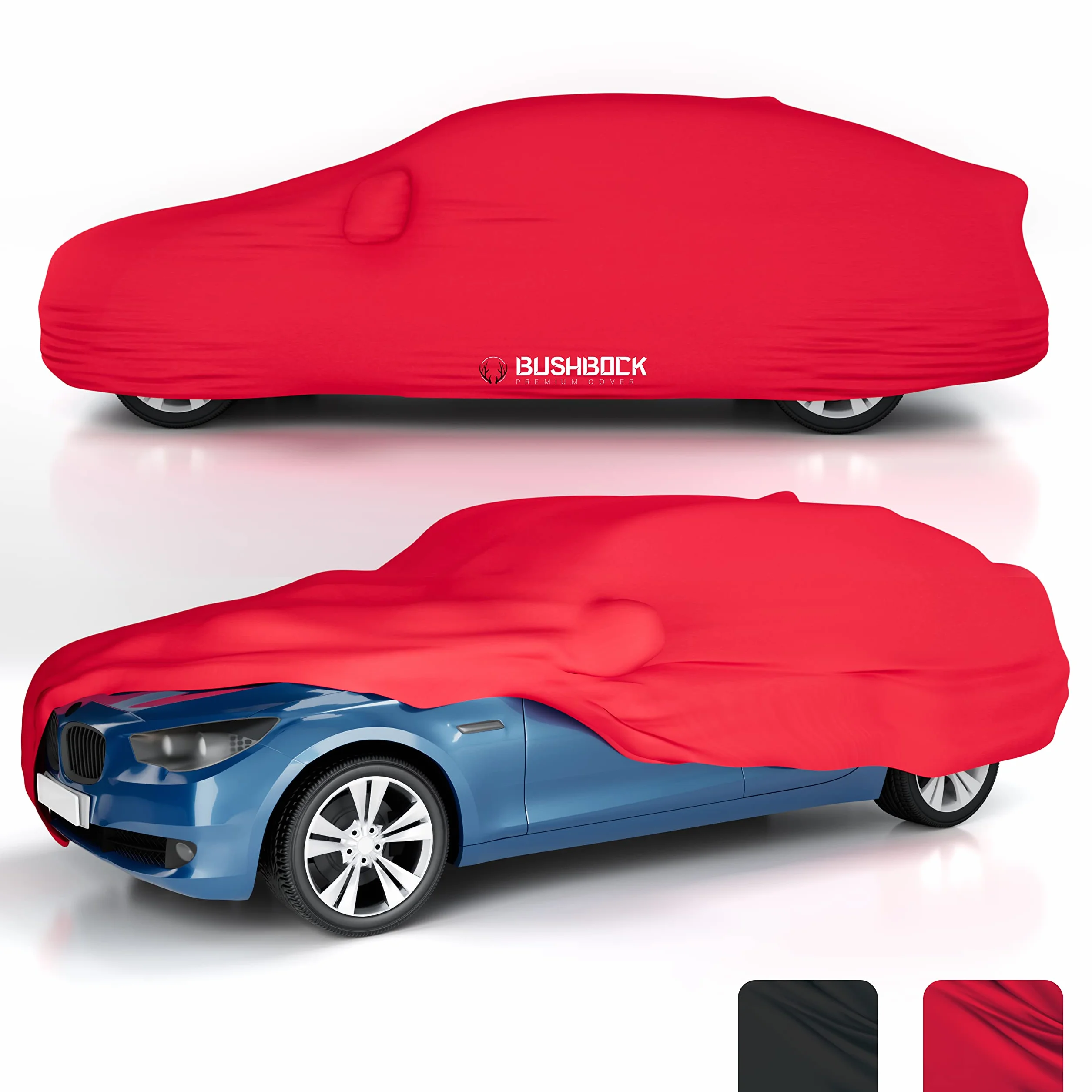 BUSHBOCK® Pokrowiec na samochód klasy premium do użytku wewnątrz – satynowy pokrowiec ochronny, z materiału, plandeka na samochód do użytku wewnątrz – 2 kolory, 4 rozmiary (czerwony, XL)