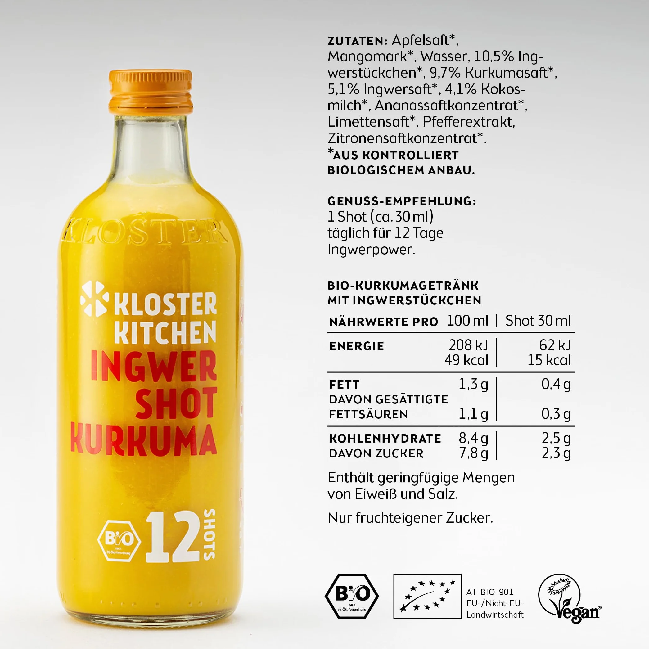 Kloster Kitchen Bio imbir Shot Kurkuma 6 x 360 ml z prawdziwymi kawałkami imbiru, szotki imbiru z kurkumą w szklanej butelce