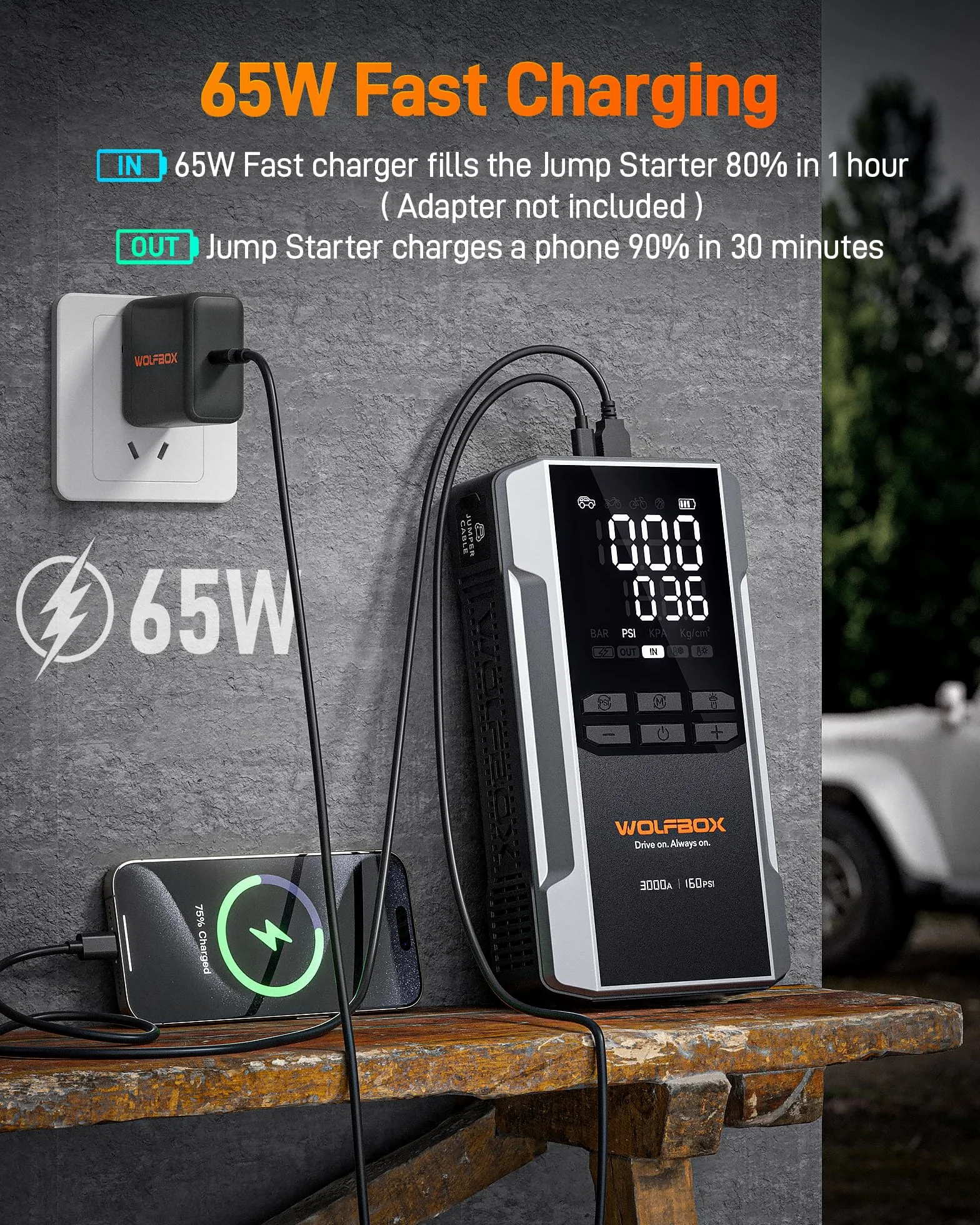 WOLFBOX Rozrusznik skokowy 3000 A 16000 mAh 160 PSI 65 W 12 V z sprężarką powietrza