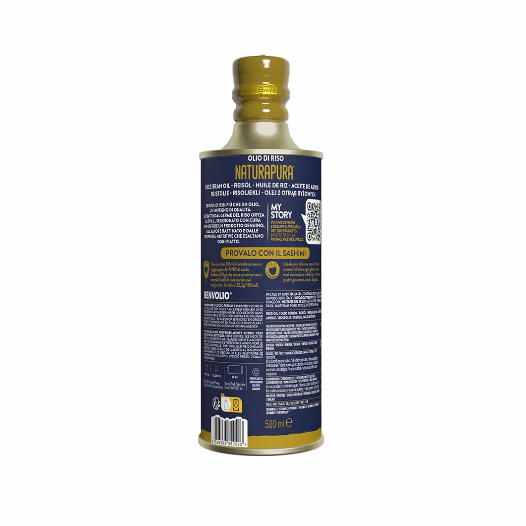 Benvolio 1938 Naturapura Naturalny Olej z Otrębów Ryżowych BEZ GMO 500 ml | Wysoki Punkt Dymienia, Chrupiące Smażenie, Lekkie Podsmażanie, Dania Orientalne | Regeneruje, Odżywia i Stymuluje Włosy