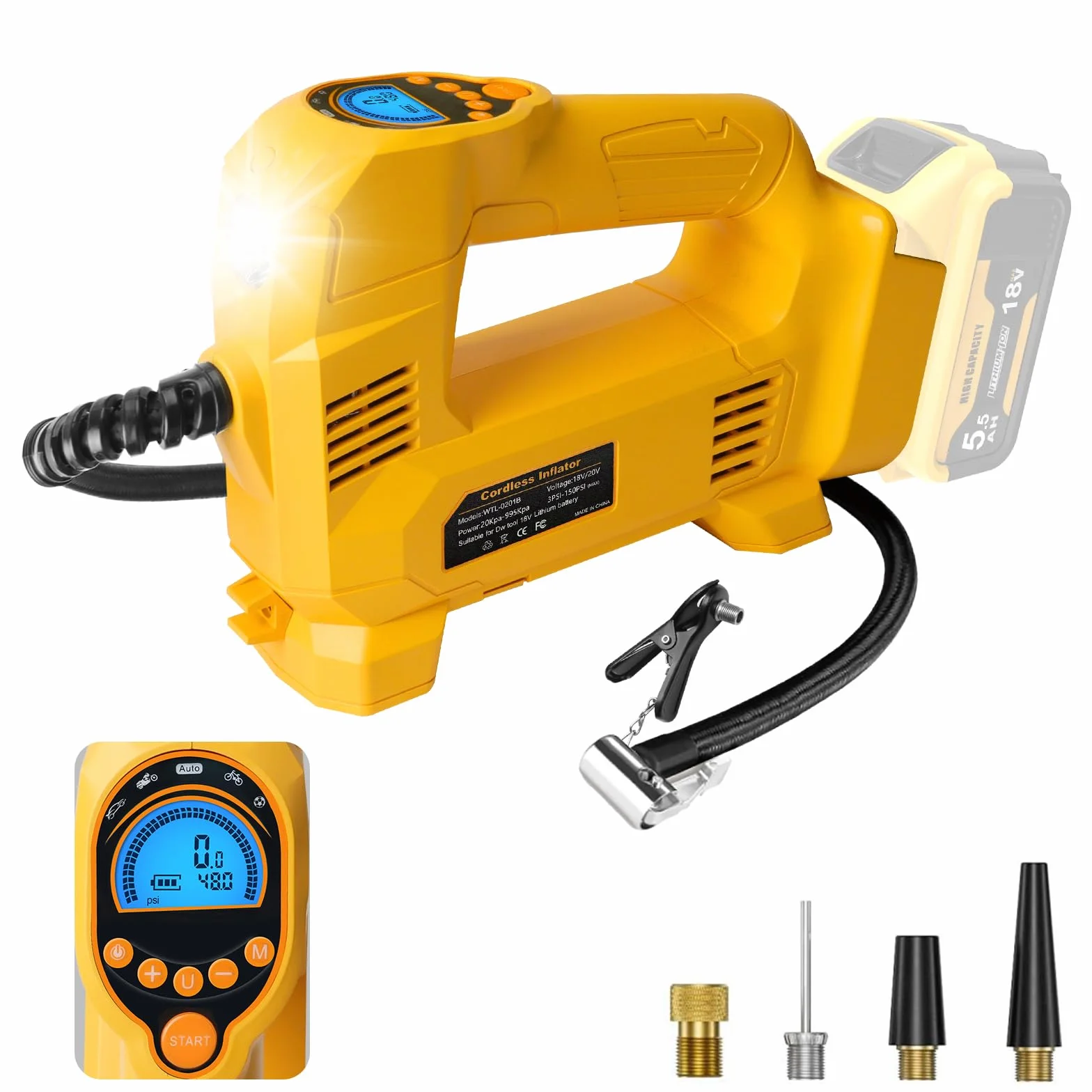 QUPERR bezprzewodowy kompresor kompatybilny z akumulatorem Dewalt 18V, do 10,34 bar, z LED i auto-stop, przenośna pompka do auta, motocykla, roweru i piłek (bez akumulatora)