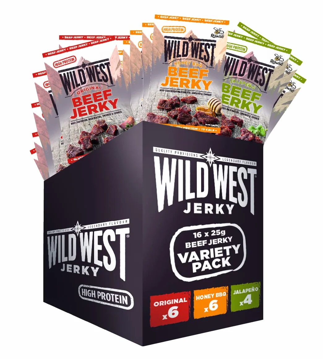 Wild West Beef Jerky, wysokobiałkowa suszona wołowina, przekąska proteinowa Beef Jerky, 16x25g Mix Box z suszoną wołowiną, 6x smak oryginaln, 6x BBQ z miodem, 4x jalapeno