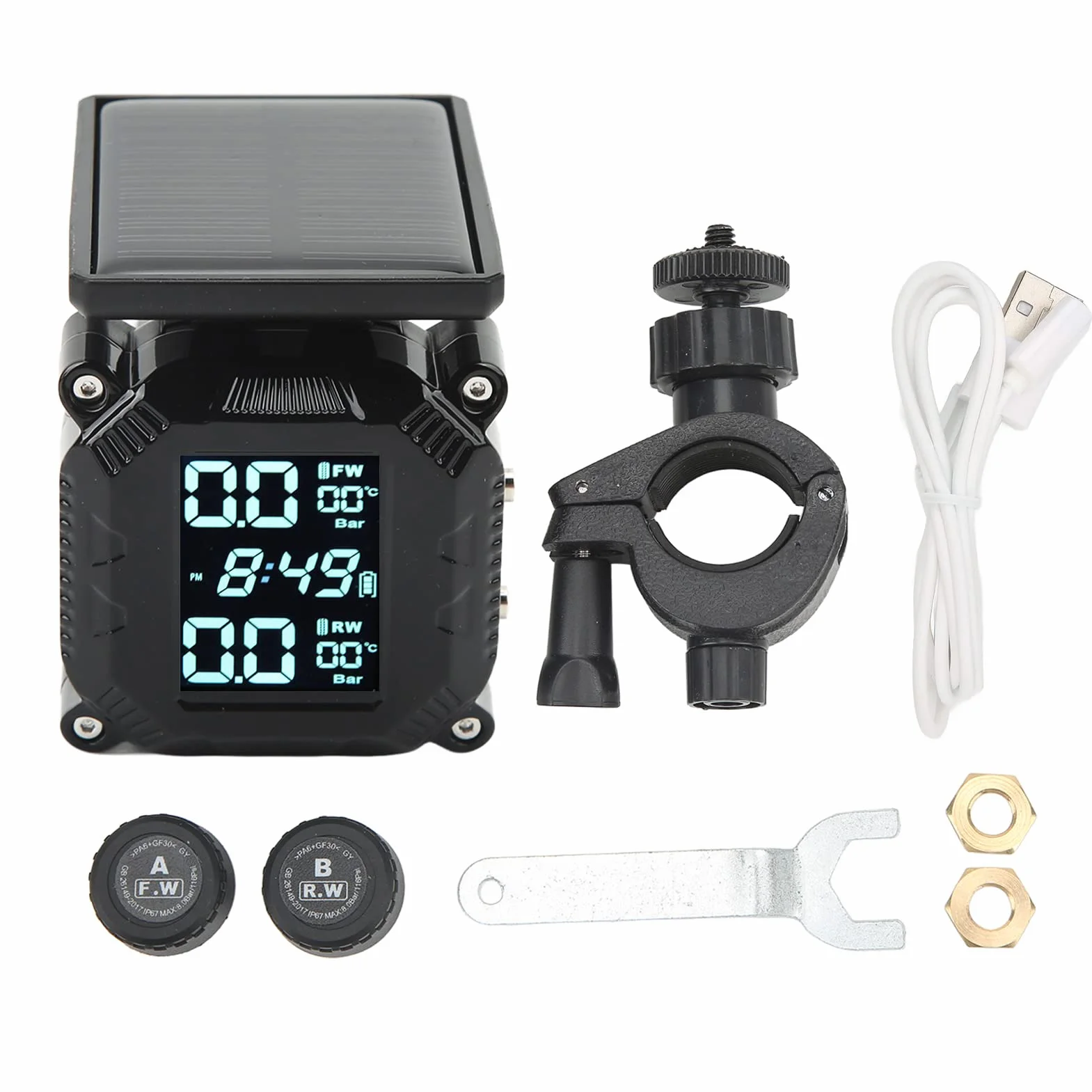 Motocykl TPMS Bezprzewodowy System Monitorowania Ciśnienia w Oponach Solar Power z Wyświetlaczem 2 Czujniki Zewnętrzne