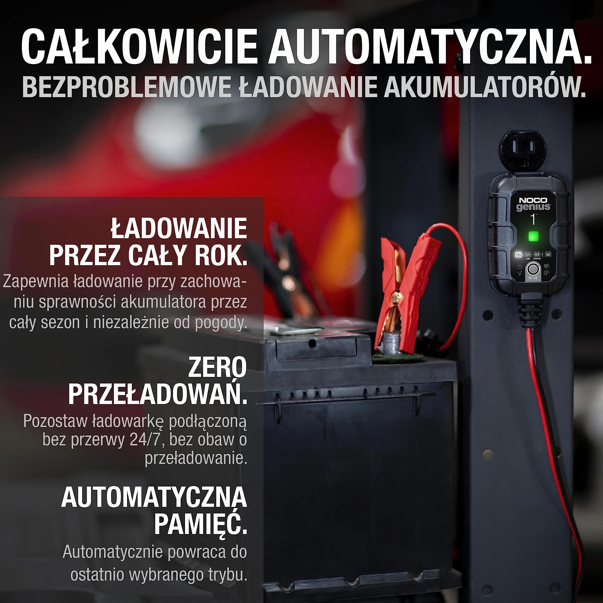 NOCO GENIUS1EU, W Pełni Automatyczna Inteligentna Ładowarka 1A Do Akumulatorów 6V i 12V, Konserwator, Podtrzymująca i Odsiarczająca Z Kompensacją Temperaturową