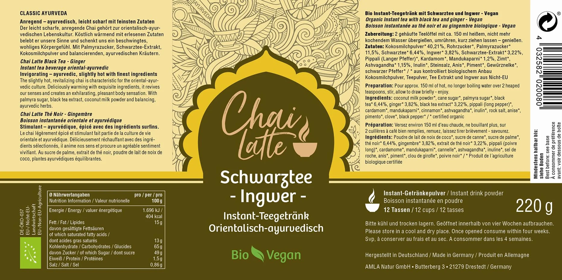 Ekologiczny Chai Latte bio herbata czarno-imbir napój w proszku 220 g