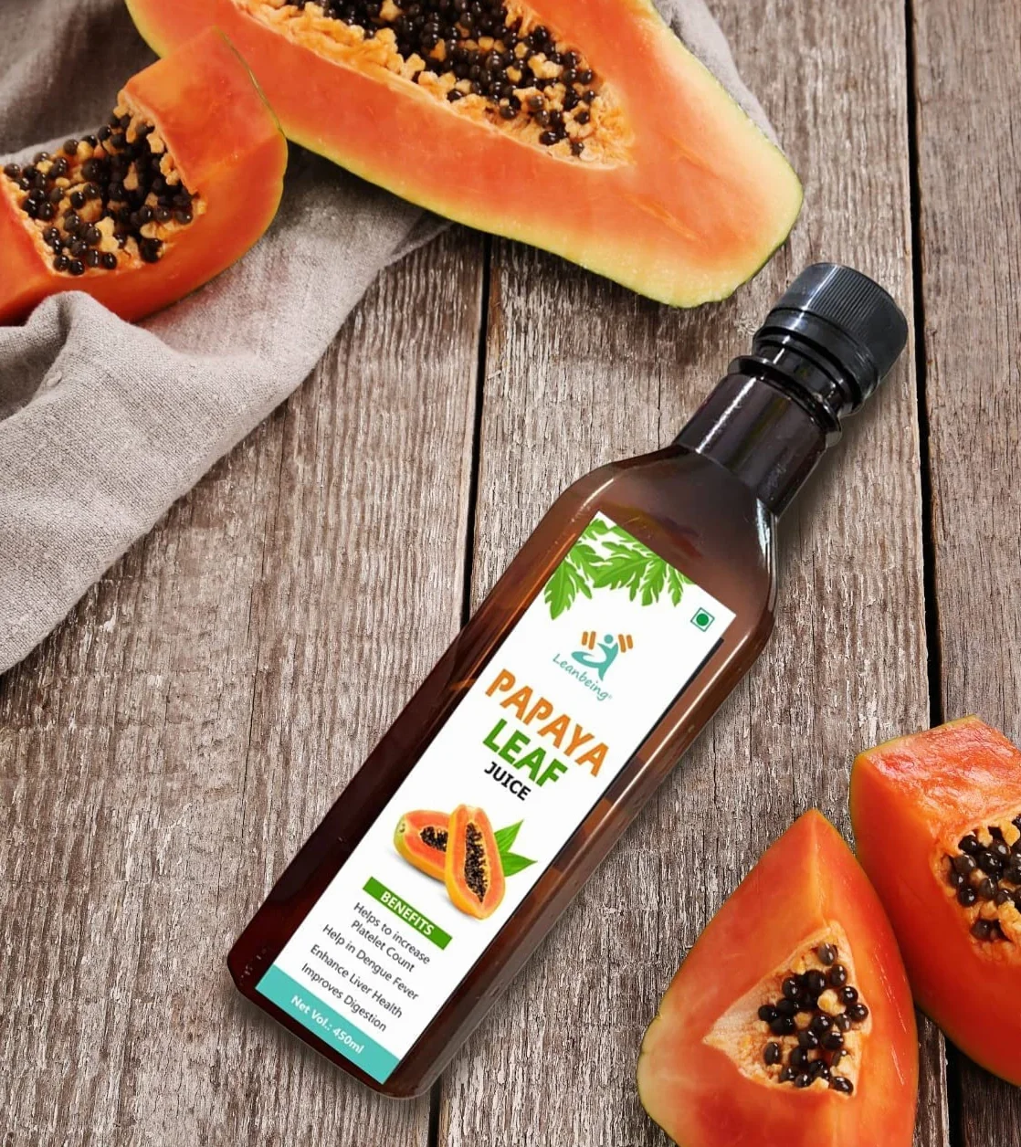Sok z liści papai 450ml | Czysty | Zwiększa liczbę płytek krwi | Dobry dla skóry i włosów