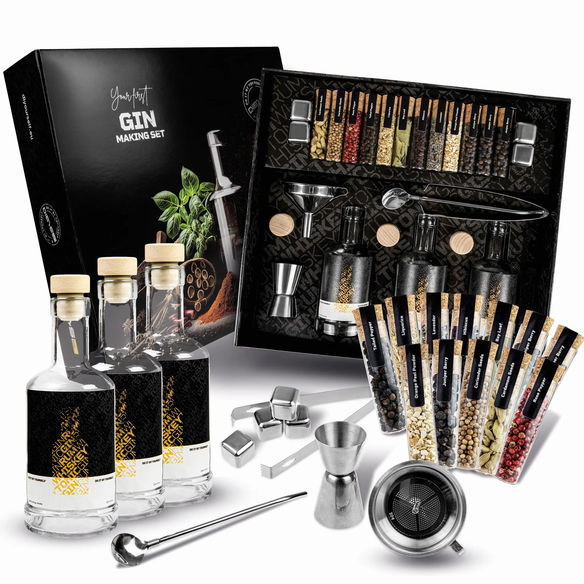 Gin-Selber-Machen-Set inkl. 12 natürlichen Botanicals & Zubehör | DIY-Baukasten mit 4 Rezepten