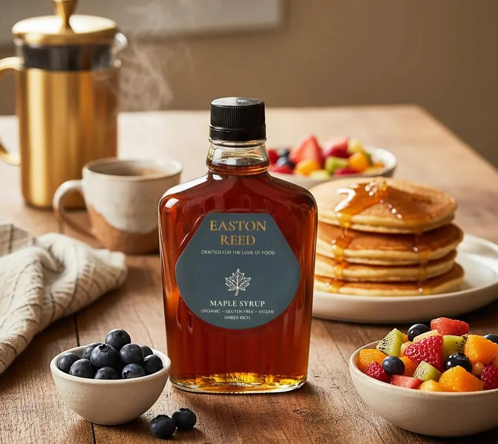 Easton Reed Syrop Klonowy Bio Klasa A Amber Rich 250ml – Kanadyjski Syrop Klonowy z Quebecu – Wegański Zamiennik Cukru do Naleśników i Marynat – Szklana Butelka, Bursztynowy Kolor