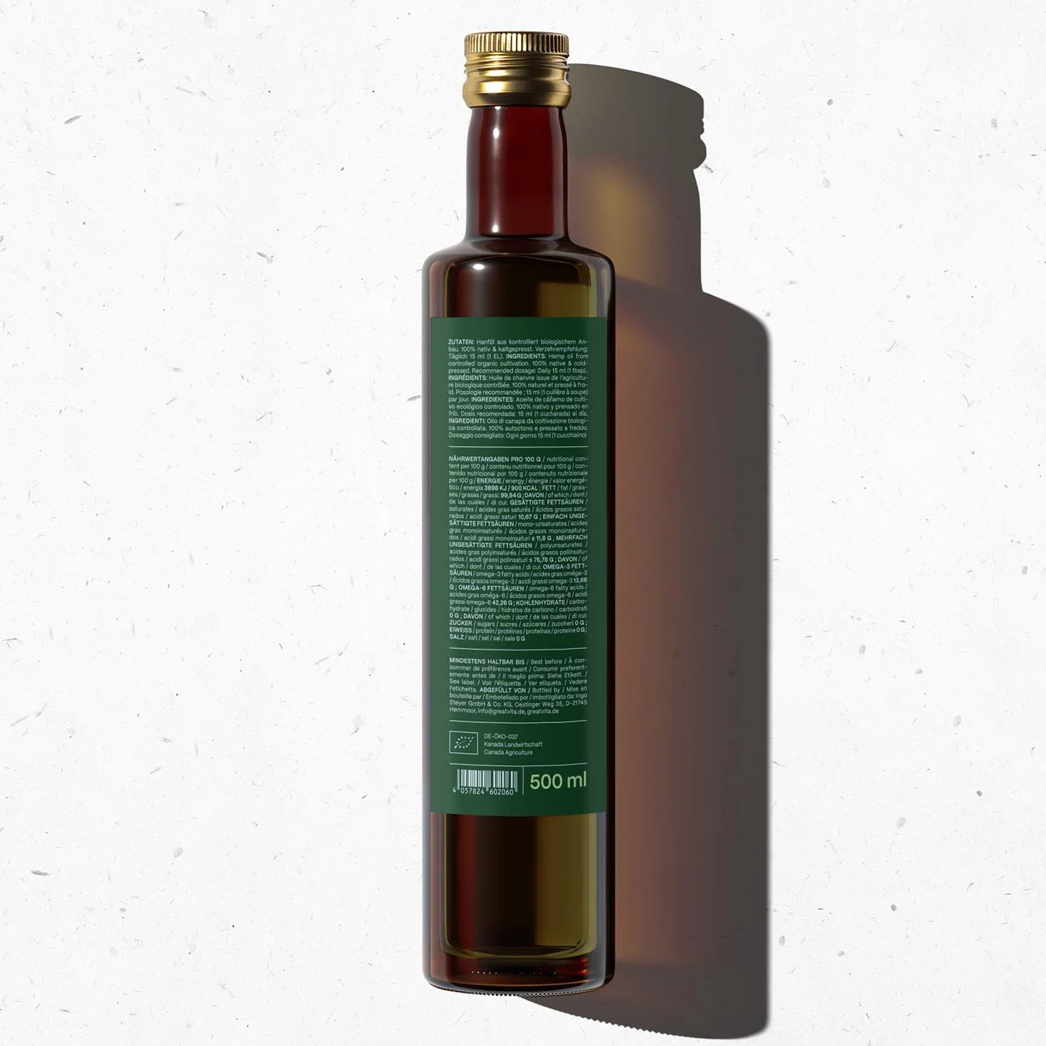 GreatVita Bio olej konopny, 100% czysty i tłoczony na zimno, 2 x (500 ml) olej z nasion konopi