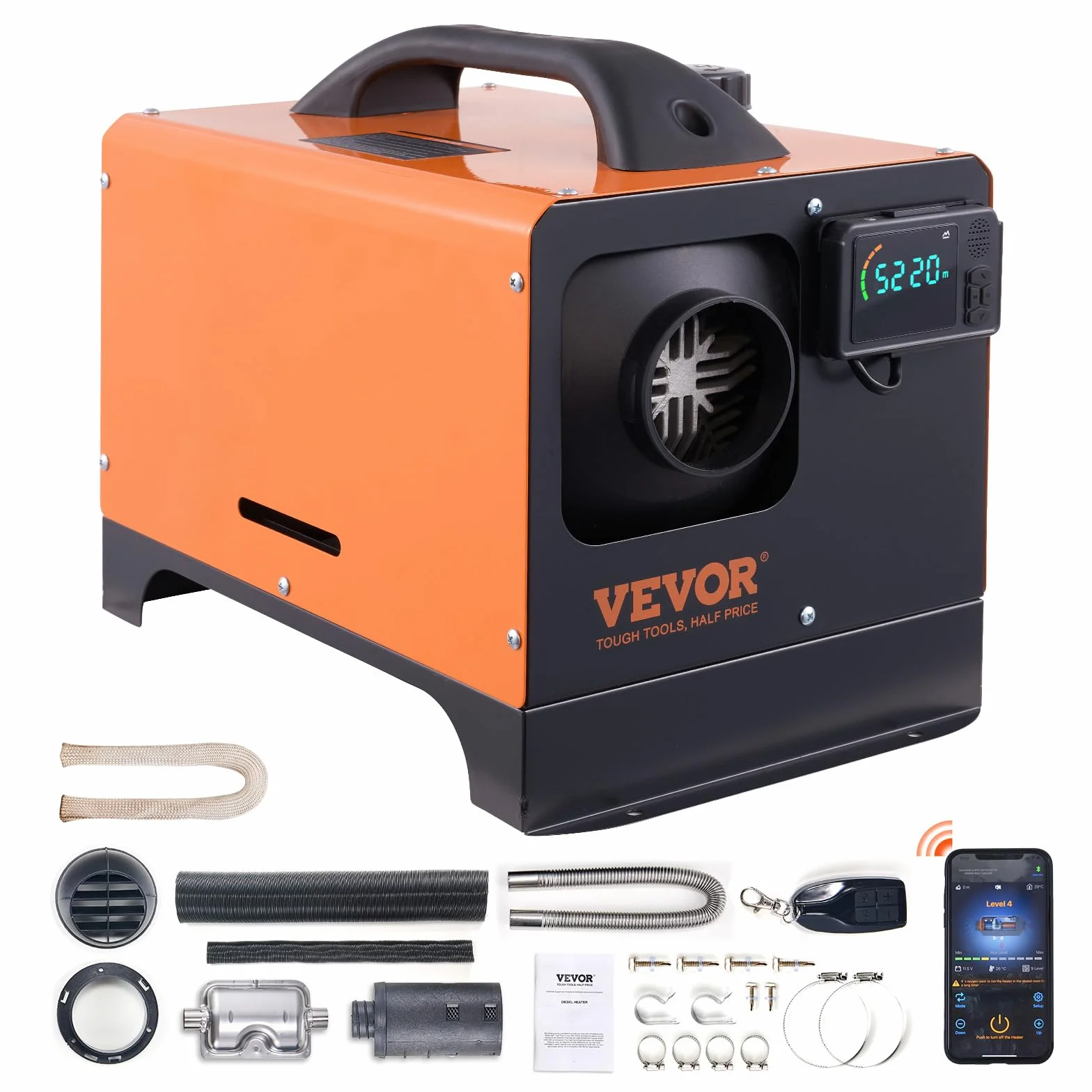 VEVOR Nagrzewnica powietrza na olej napędowy, nagrzewnica pomocnicza 12 V, 8 kW, 0,16 – 0,62 l/h, nagrzewnica powietrza na olej napędowy z wyświetlaczem LCD, pilotem zdalnego sterowania i aplikacją