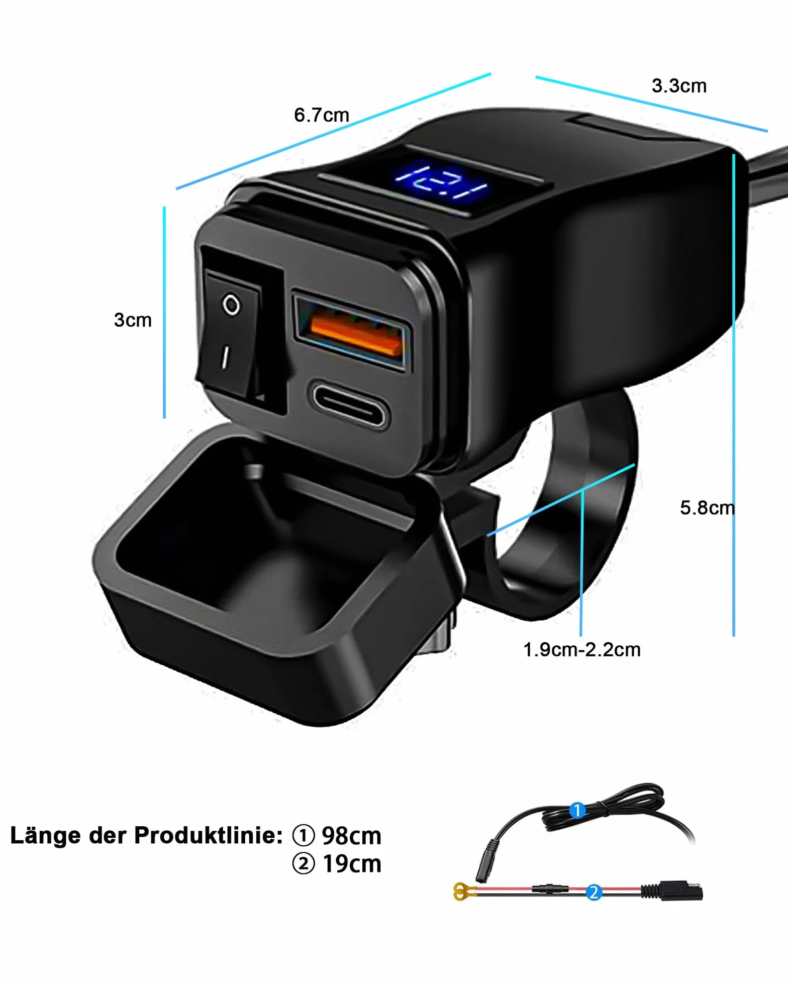 Wodoodporny port USB do motocykla: ładowarka motocyklowa USB 12V/24V QC3.0 podwójny port USB 18 W + 30 W z przełącznikiem ON/OFF do telefonu komórkowego tabletu