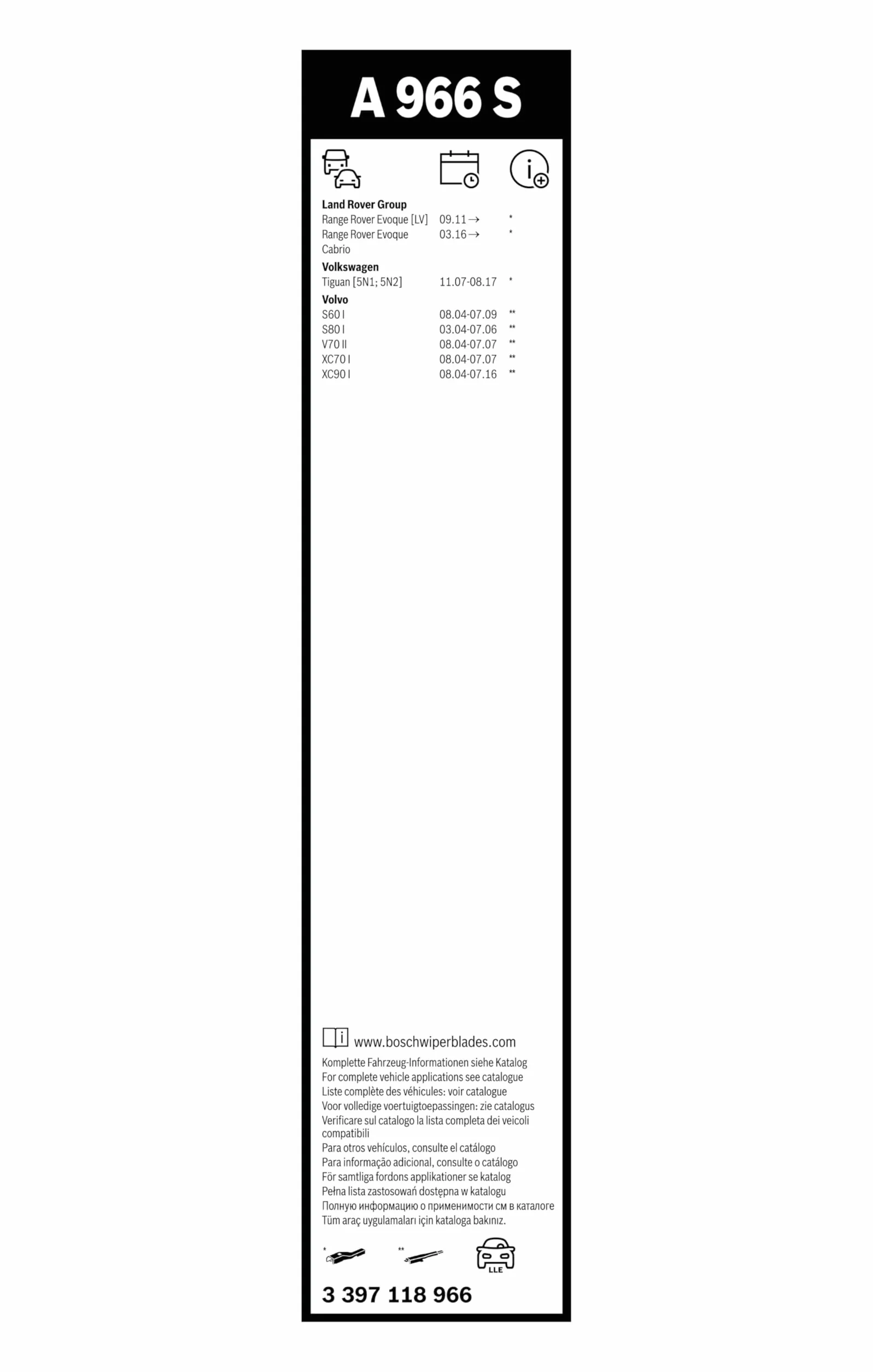 Bosch Pióro wycieraczki Aerotwin A966S, długość: 600 mm/530 mm - zestaw przednich piór wycieraczki - tylko do kierownicy po lewej stronie (EU)