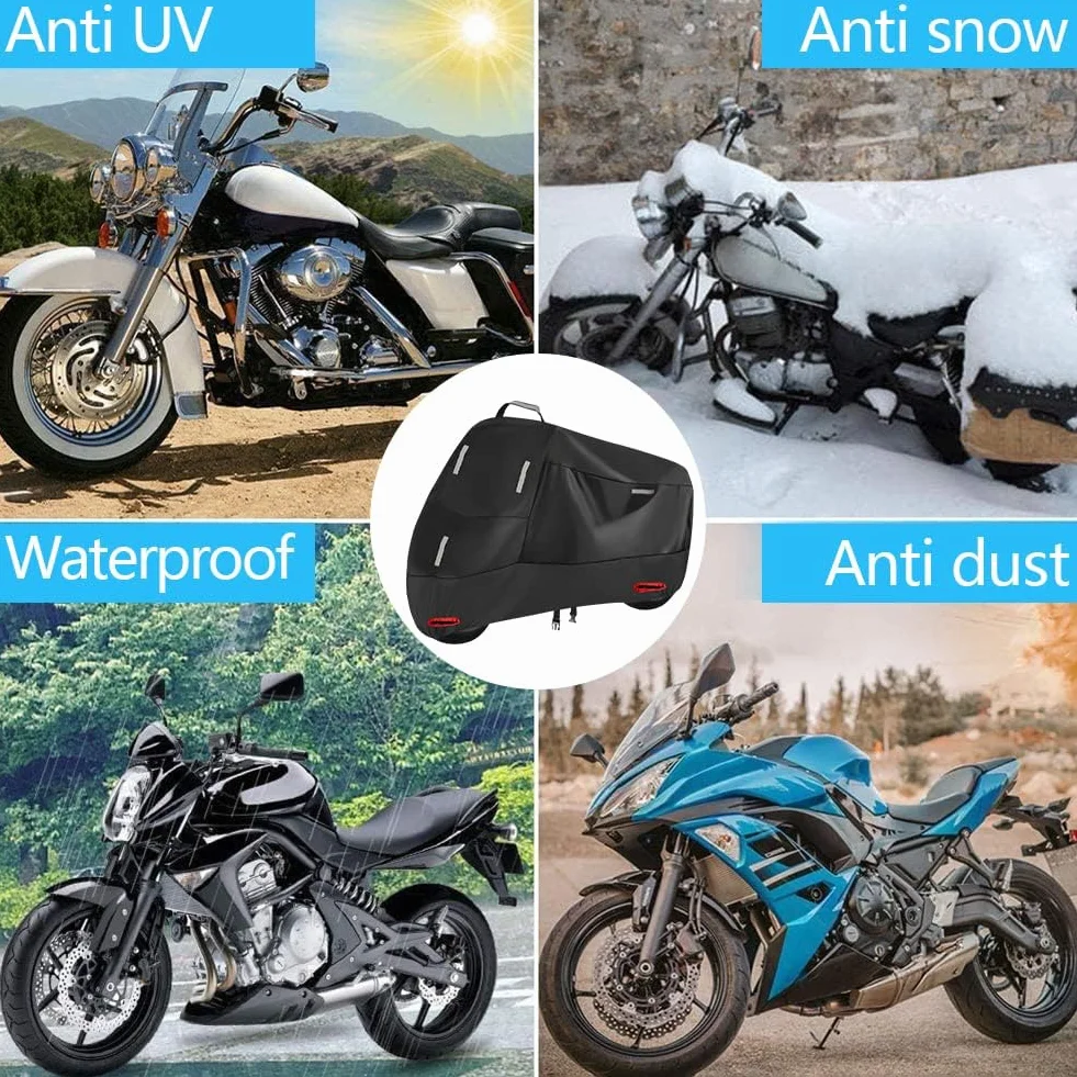 300D Wodoodporny Pokrowiec Motocyklowy na Zewnątrz Ochrona Przed Deszczem i Kurzem UV, z 5 Paskami Odblaskowym i 2 Otworami na Zamek, 2 Stałe Paski z Klamrami i 1 Uchwytem (4XL: 290 x 95 x 140 cm)