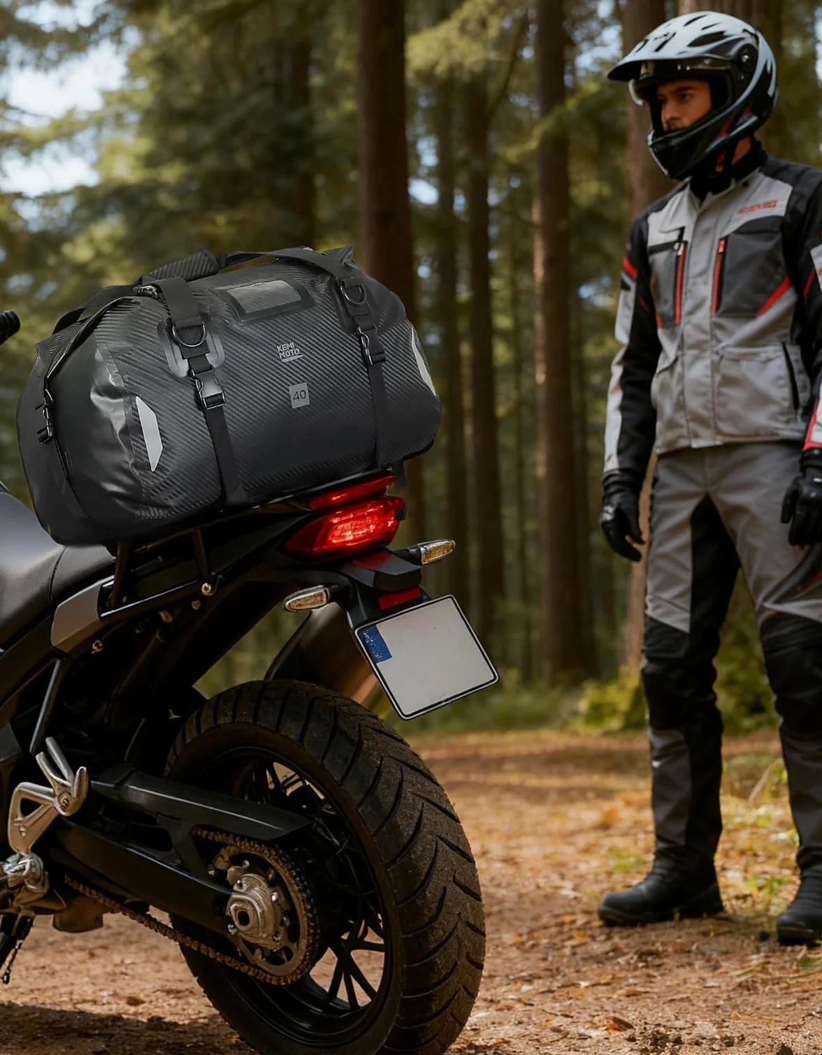KEMIMOTO Torba motocyklowa, 40 l, wodoodporna tylna torba motocyklowa z paskiem na ramię, torba na siodełko motocyklowe z 4 pasami mocującymi do motocykli, jazdy na rowerze, kempingu, podróży