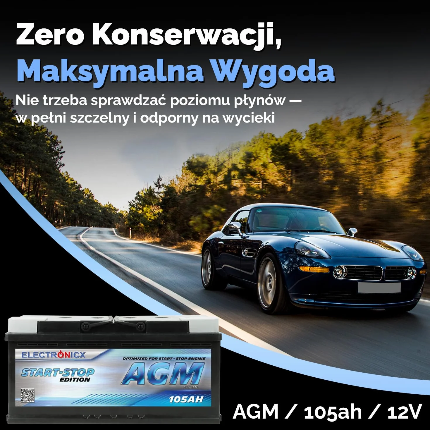 Electronicx AGM akumulator samochodowy 105Ah 12V – 950A EN akumulator rozruchowy, 105 Ah AGM, bezobsługowy, kompaktowy, wydajny – idealny do samochodów osobowych, SUV-ów i pojazdów użytkowych