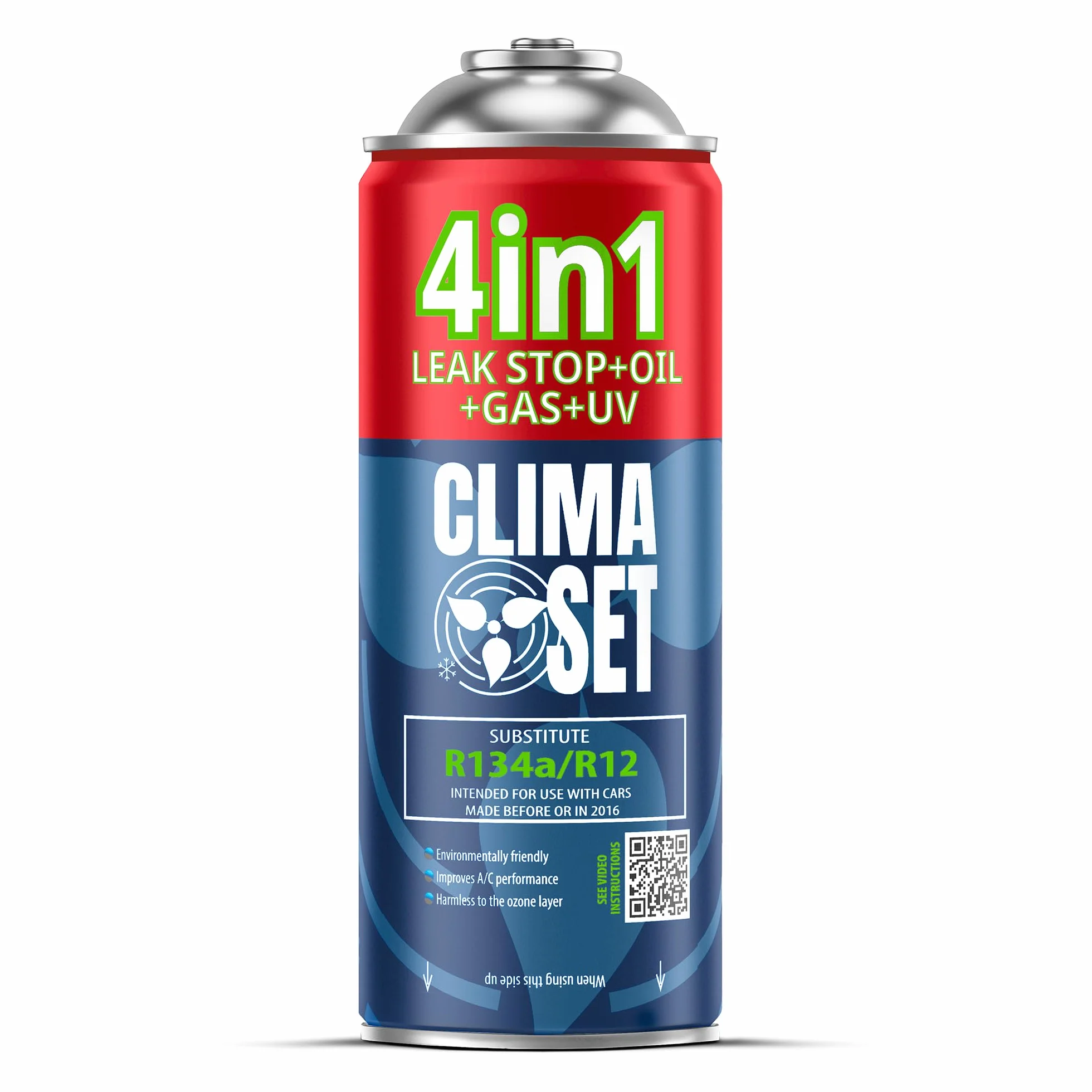 CLIMASET Zamiennik czynnika chłodniczego R134a 4in1 do samochodów 1994-2016 z przewodem i lampą UV