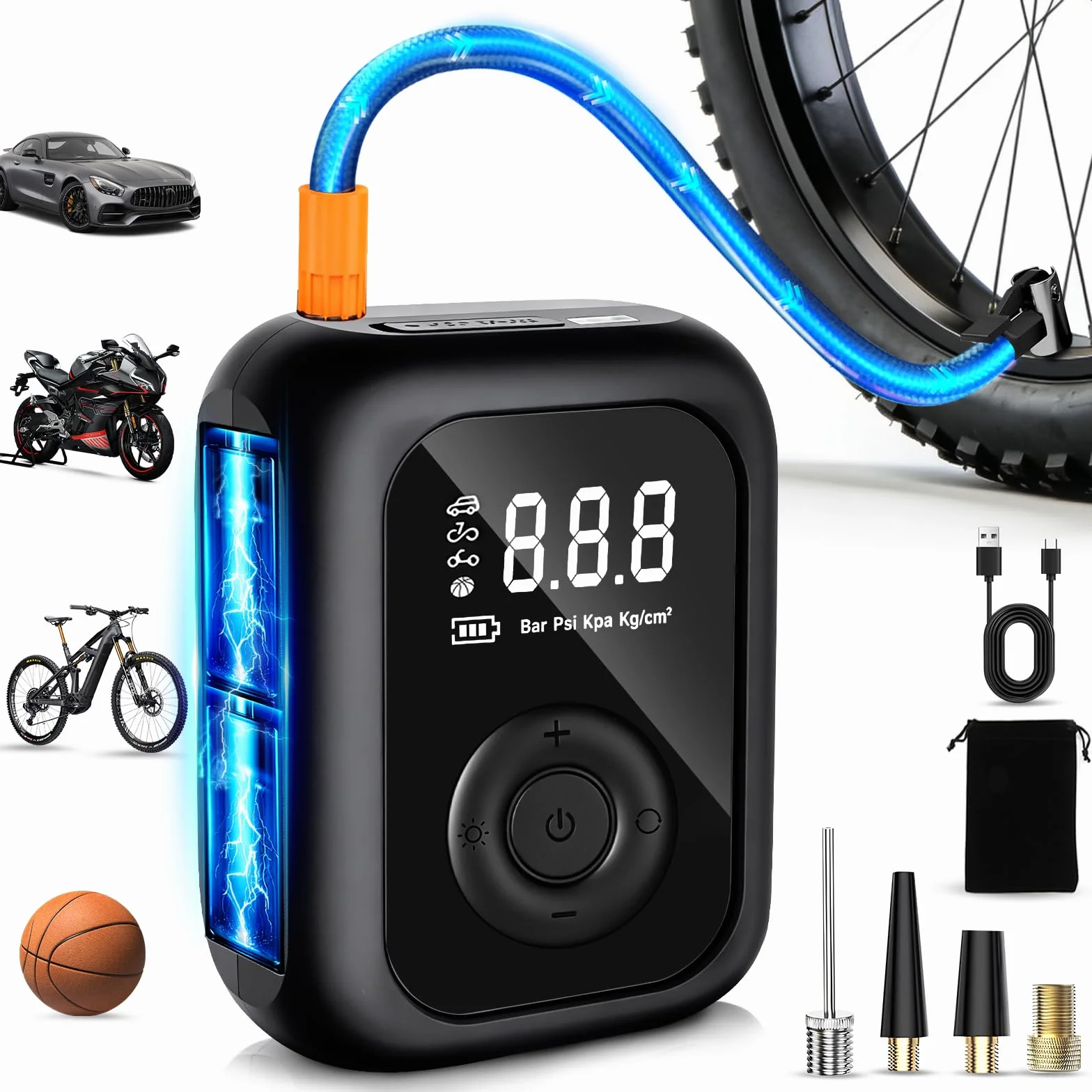 Przenośna sprężarka powietrza, 150 PSI, elektryczna pompka rowerowa, mini kompresor rowerowy z cyfrowym wyświetlaczem LED i oświetleniem LED, przenośna pompka elektryczna do rowerów, samochodów i