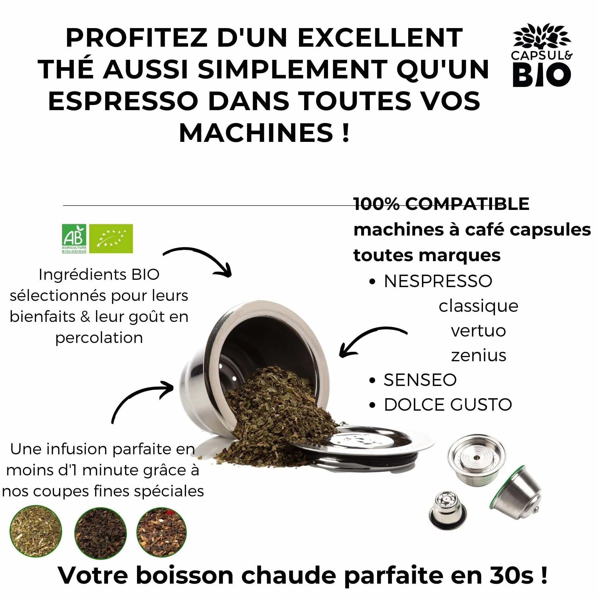 CAPSUL&BIO Liście herbaty luzem zielona herbata MTHE Bio - specjalny drobny krój - 100 gramów saszetki- Wyprodukowano we Francji