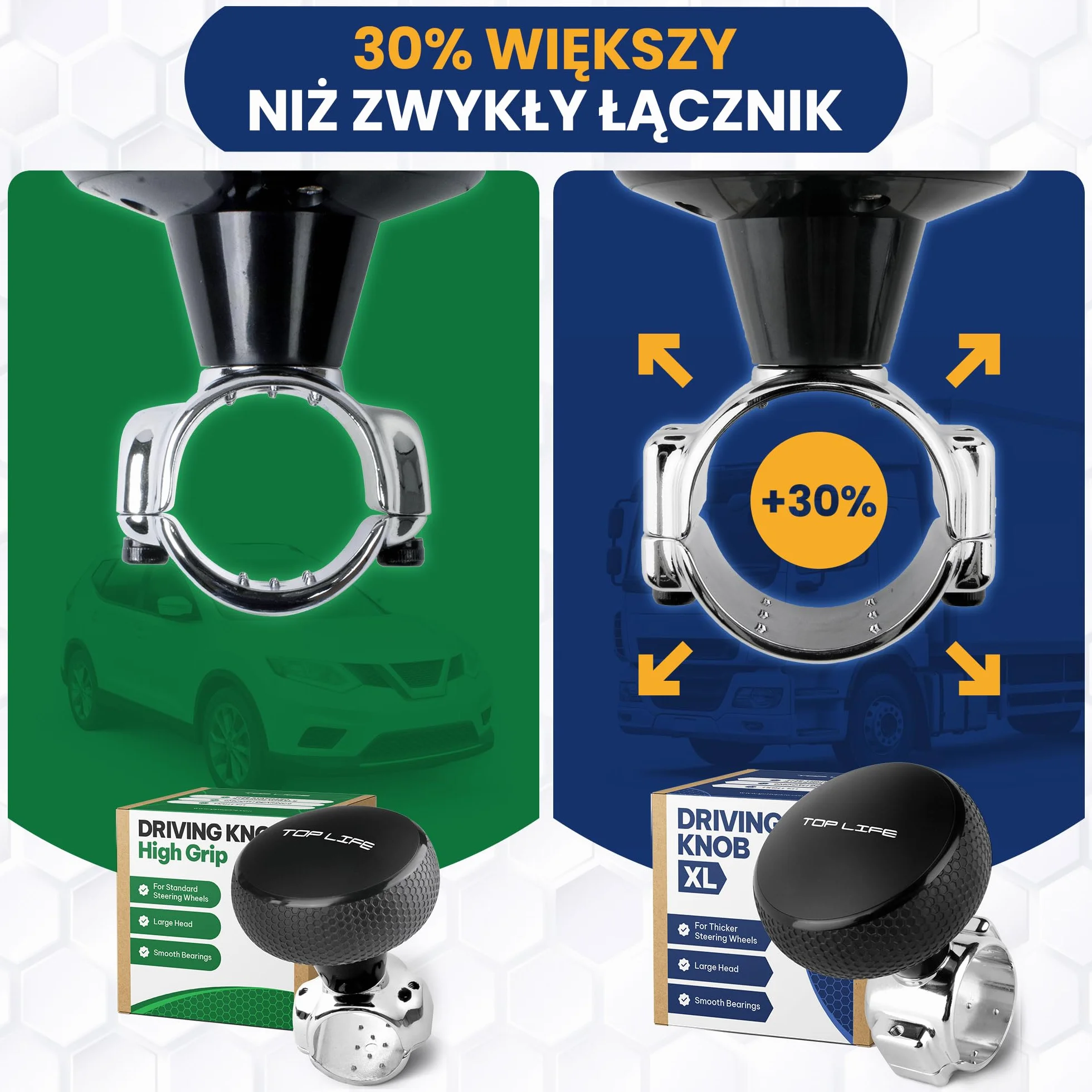 Gałka kierownicy ciężarówki - Specjalne pokrętło XL do grubych kierownic - Lepszy chwyt - do samochodów ciężarowych, dostawczych, lekkich ciężarówek, kierownic sportowych i tuningowych