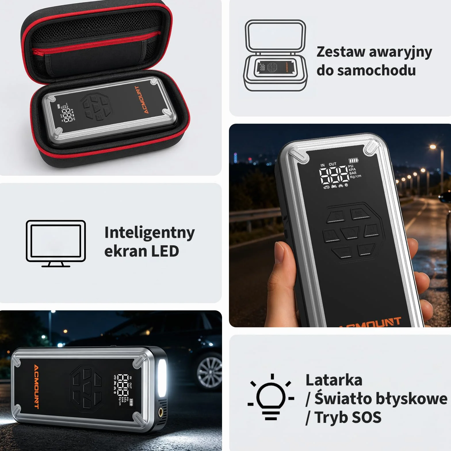 ACMOUNT Booster rozrusznik samochodowy 7000 A, 23800 mAh 150 PSI rozrusznik akumulatora samochodowego ze sprężarką, przenośny start akumulatora 12 V do szybkiego ładowania 18 W, LED i LCD do benzyny