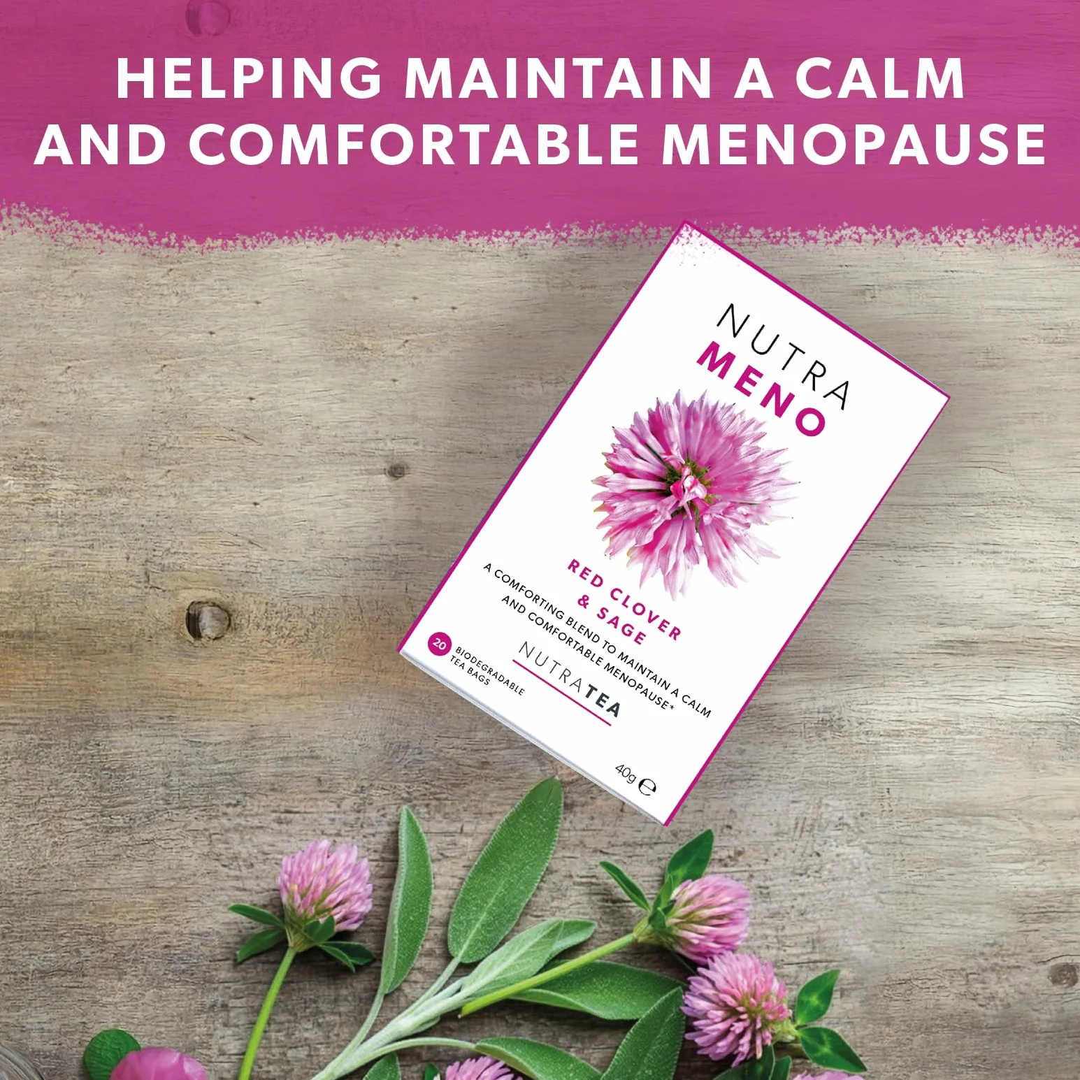 Nutra Tea NUTRAMENO Herbata menopauzowa, herbata z czerwonej koniczyny, ulga w okresie okołomenopauzalnym dla kobiet. Zawiera czerwoną koniczynę, szałwię i korzeń shatavari, 20 pojedynczo zapakowanych