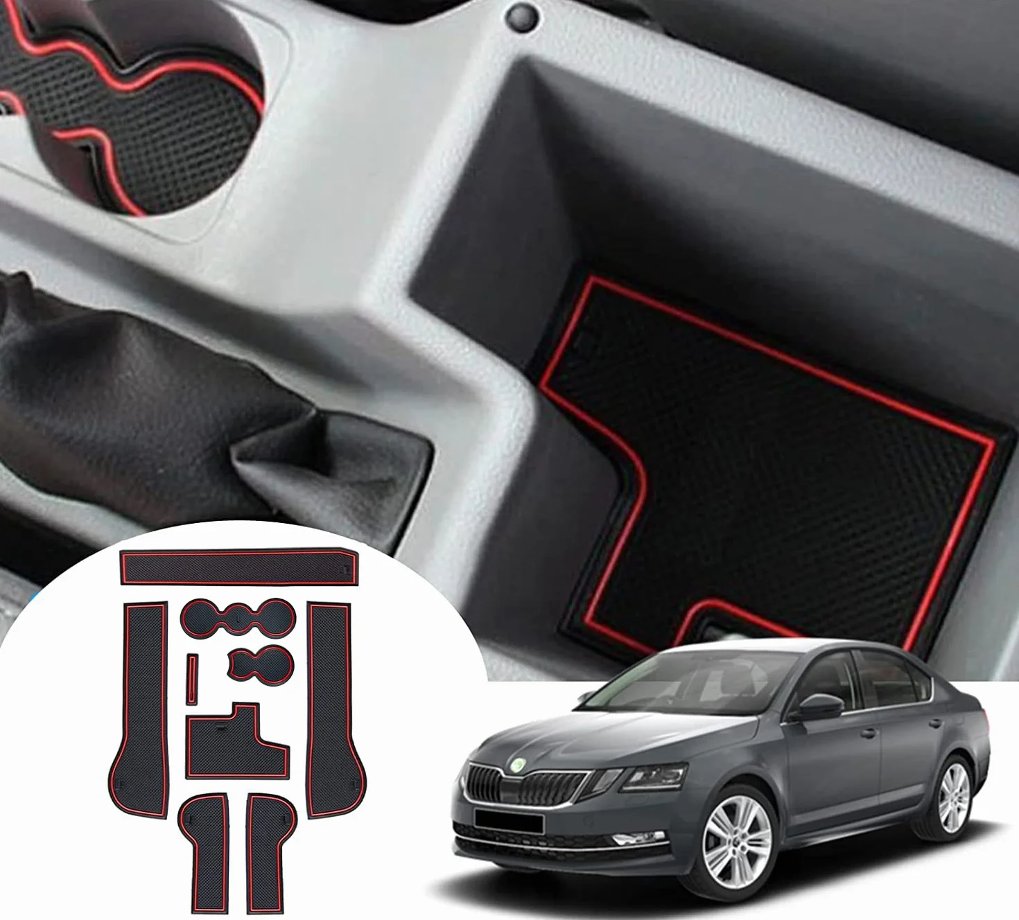 GAFAT Octavia 3 MK3 5E RS 2015-2019 maty antypoślizgowe, konsola środkowa podłokietnik maty gumowe, mata uchwytu na napoje, maty antypoślizgowe szwów drzwiowych