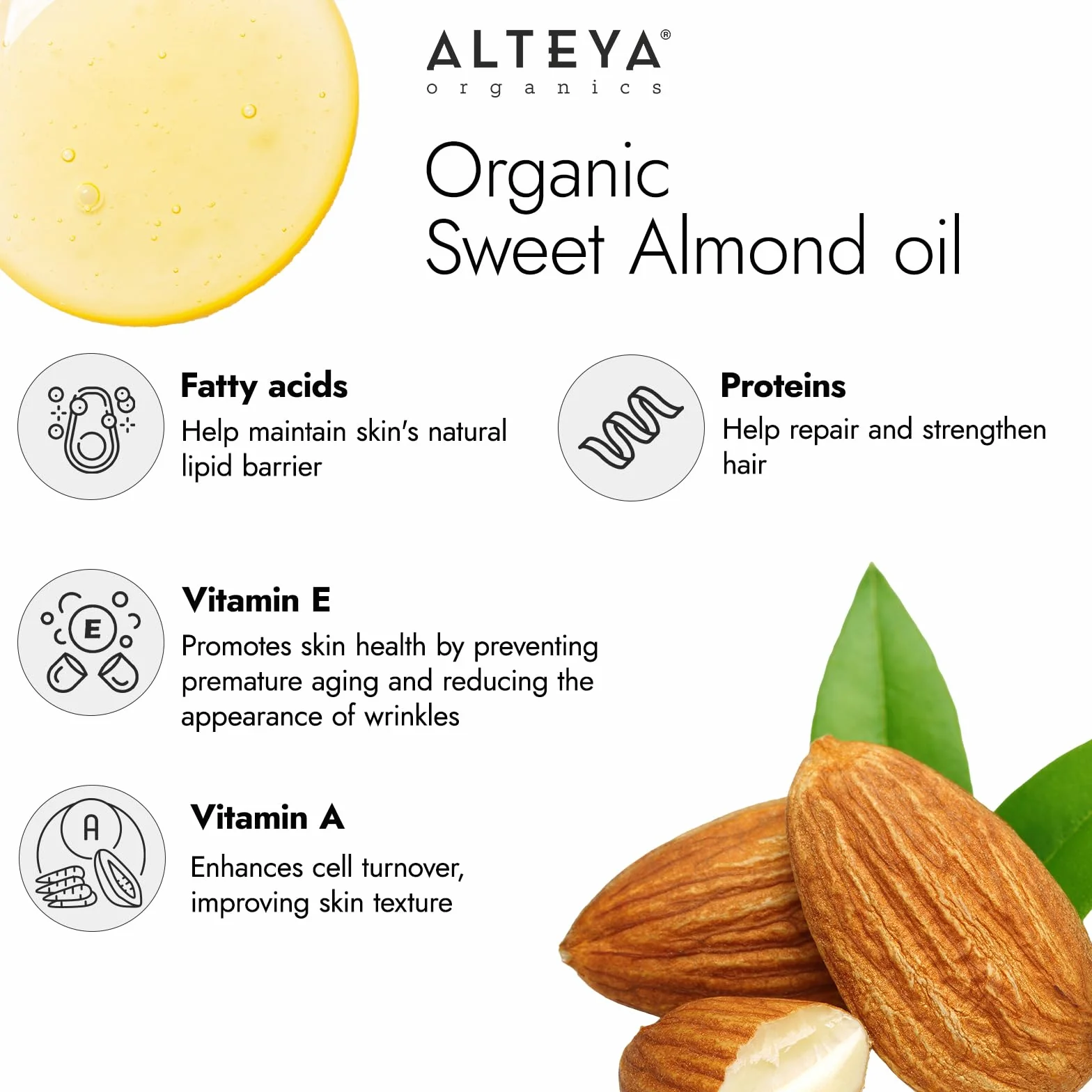 Alteya Organiczny olejek ze słodkich migdałów 100 ml - 100% certyfikowany przez USDA Organiczny naturalny olej nośny ze słodkich migdałów tłoczonych na zimno