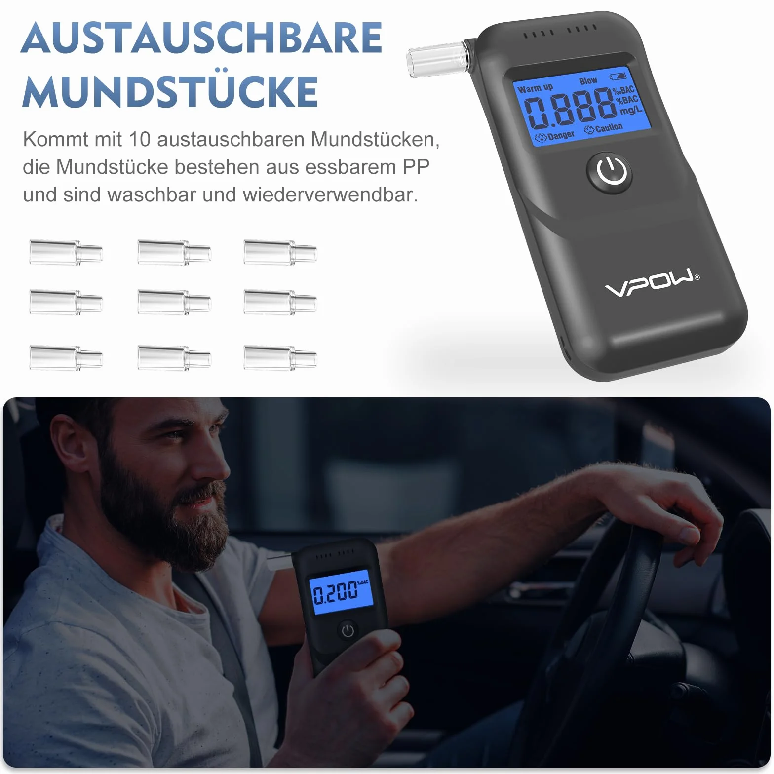 VPOW Alkomat, profesjonalny alkomat z cyfrowym niebieskim wyświetlaczem LCD, alkomat z dokładnością stopni do prywatnego, profesjonalnego użytku w domu – szary