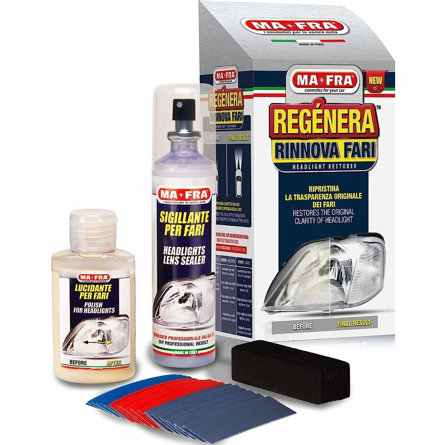Ma-Fra, Zestaw do regeneracji Car Detailing, składający się z uszczelniacza, nabłyszczacza i papieru ściernego, przywraca oryginalny wygląd reflektorom samochodowym i poprawia wydajność świateł
