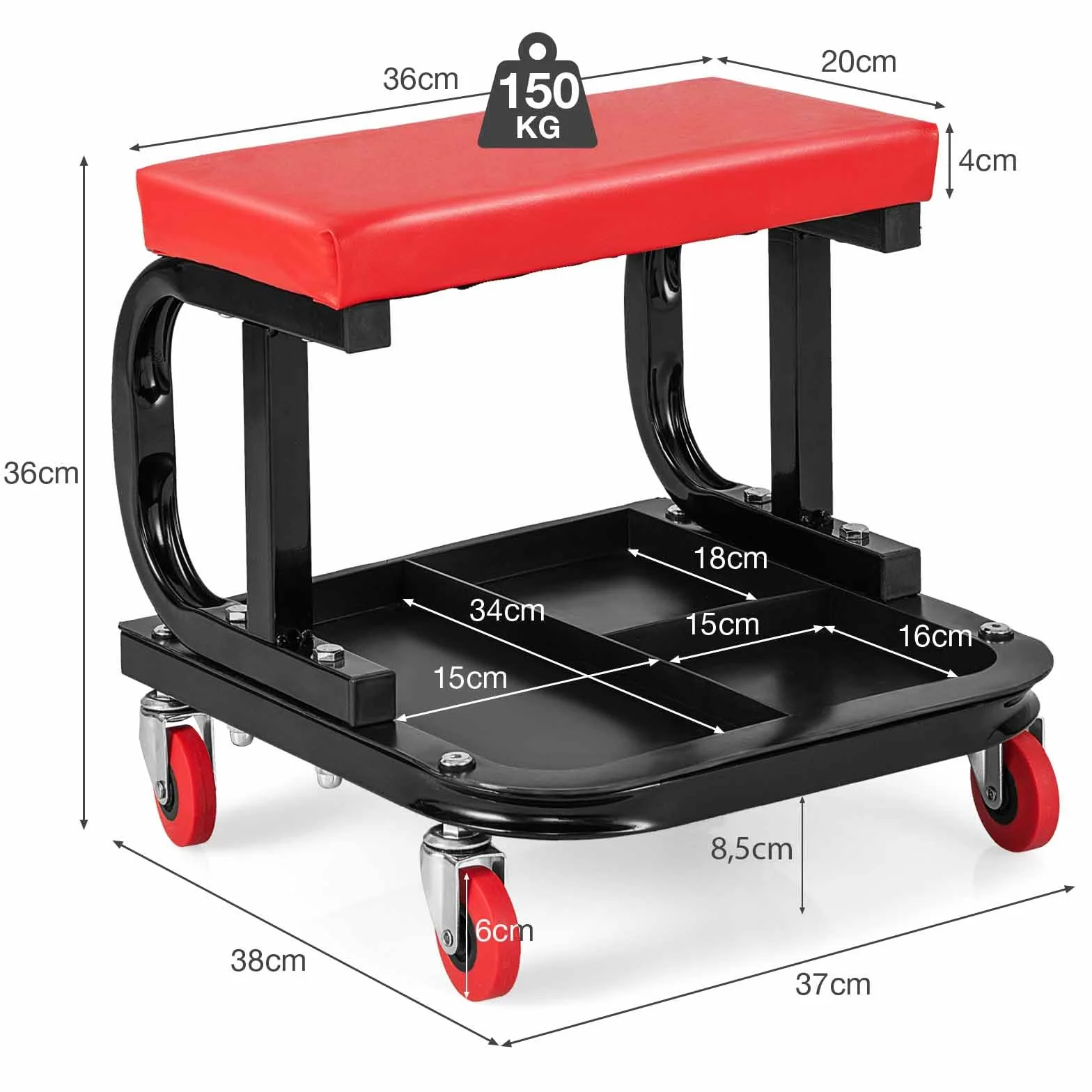 COSTWAY Taboret warsztatowy na kółkach, warsztatowy taboret na kółkach 150 kg udźwig, taboret roboczy z półką i miękką podkładką na siedzisko, taboret na kółkach, taboret montażowy do narzędzi, 38 x