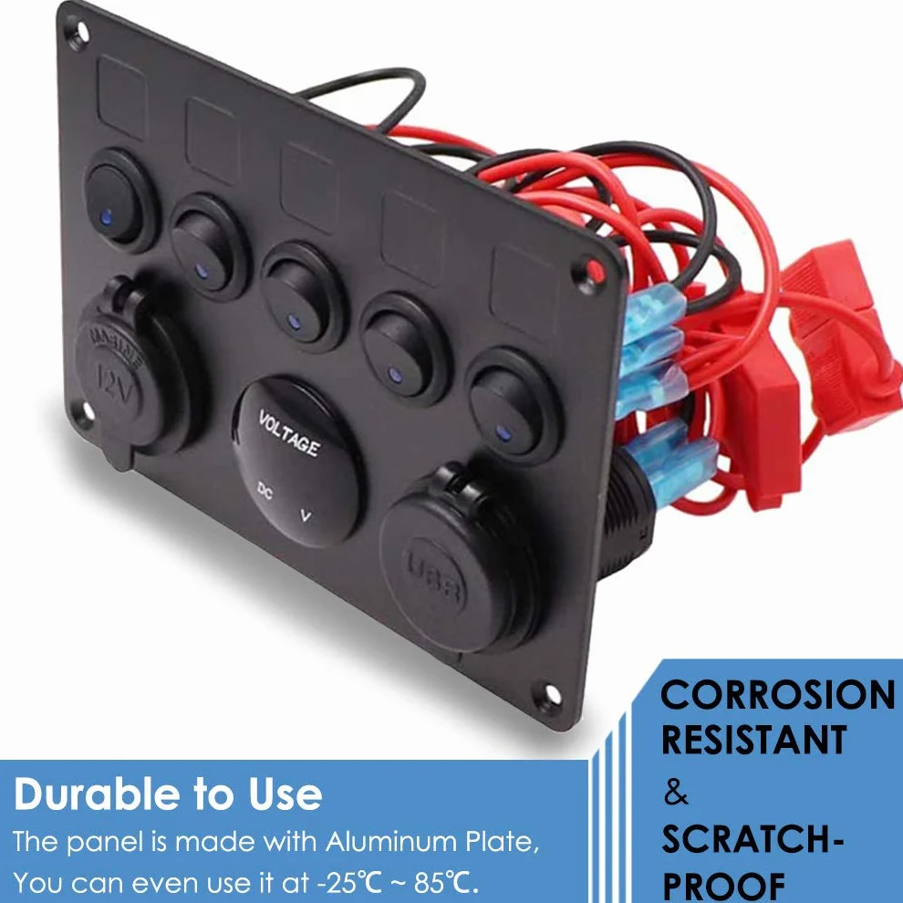 Panel przełącznikowy 12 V/24 V, z przyłączem USB 4,2 A + zapalniczka + wyświetlacz woltomierza, wodoszczelność IP65, przełącznik dźwigienkowy wł./wył. do samochodu, łodzi, samochodów ciężarowych, obwodów sterowania