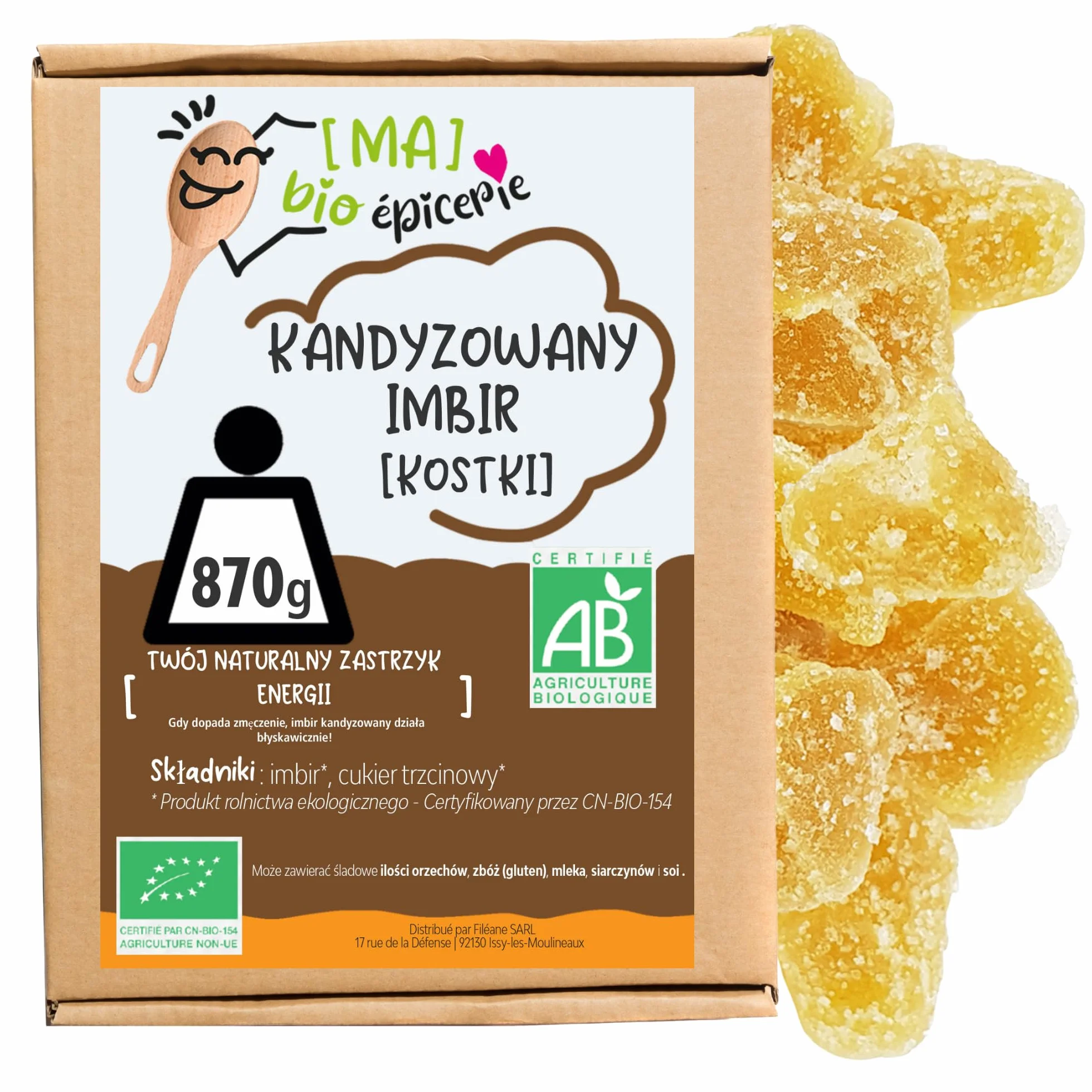 [MA] bio-épicerie | Ekologiczny kandyzowany imbir w kostkach bio| 940G | Pakowany luzem | Certyfikat bio | Owoce kandyzowane najwyższej jakości | Bez środka konserwującego