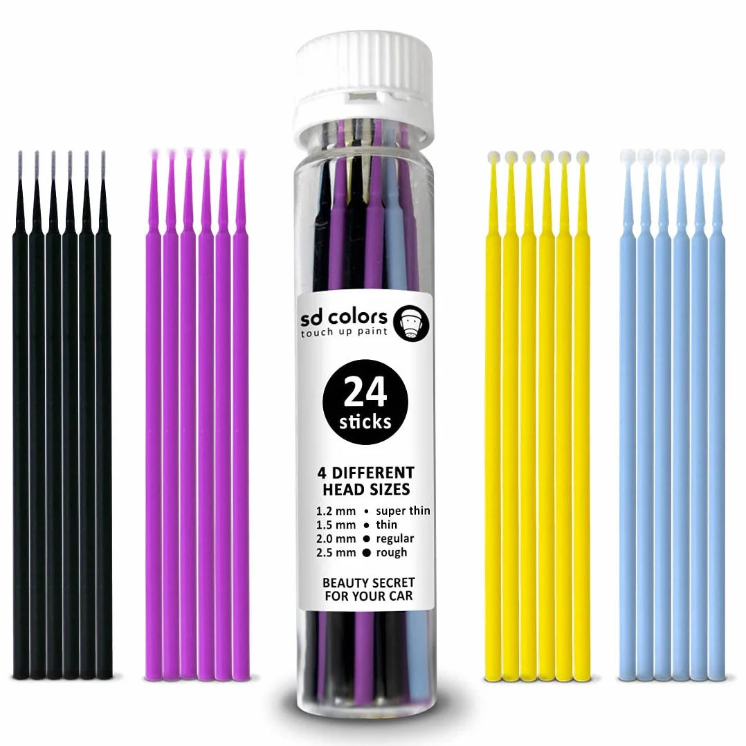 SD COLORS Pałeczki SWABS 24 SZTUK AUTOMOTIVE MALOWANIE SZCZEGÓŁY SAMOCHODOWE NAPRAWA DO ZAPARÓW STONE CHIPS TOUCH MICRO BRUSH 1,2 mm 1,5 mm 2,0 mm 2,5 mm