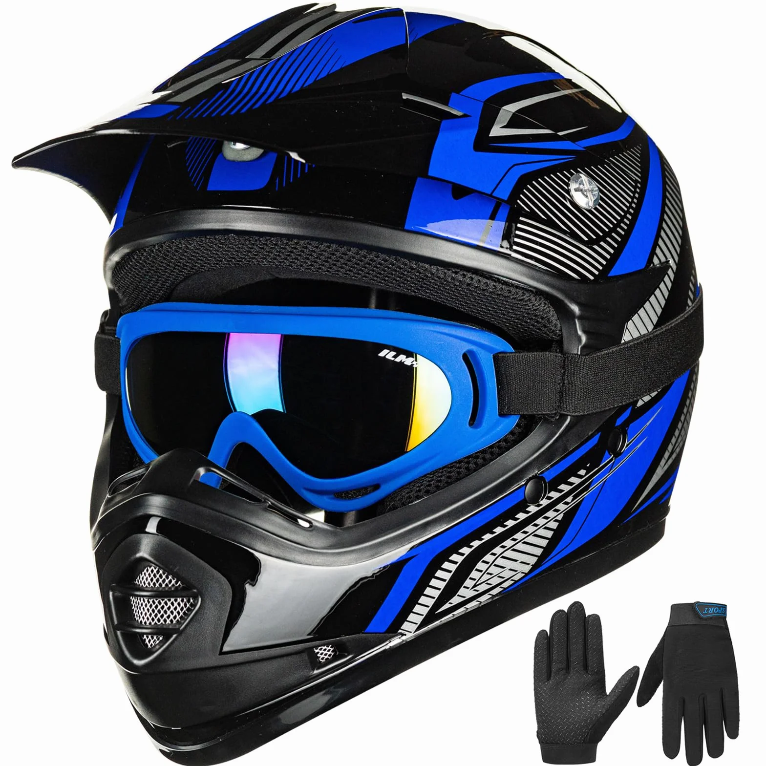 ILM Dziecięcy kask motocyklowy Cross Dirt Bike dla chłopców i dziewcząt, uniseks, homologacja ECE22.06 Full Face Off Road MTB ATV Enduro MTB z rękawicami Gogle Model B07, czarny niebieski, L