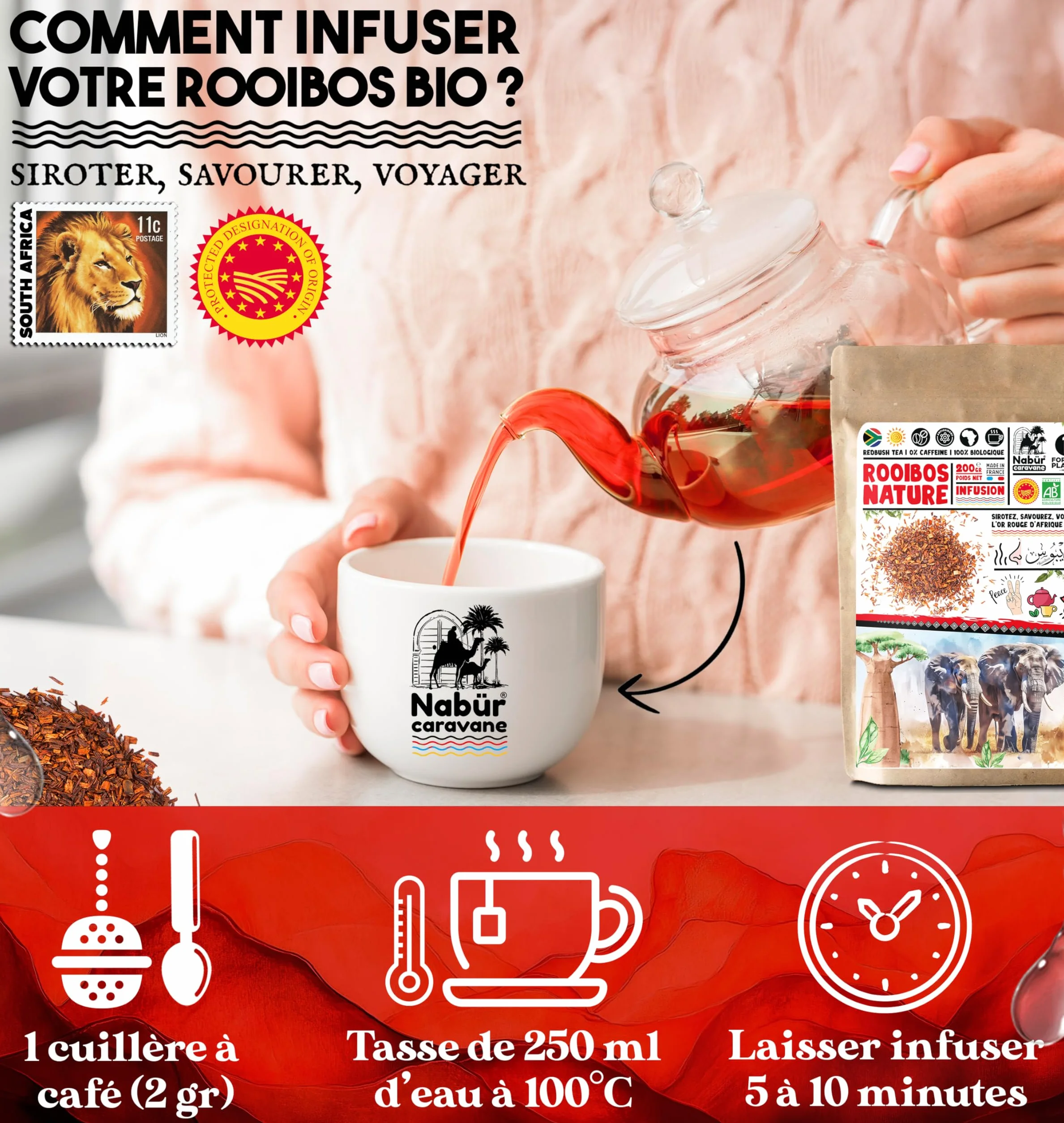 Nabür - Rooibos Rouge BIO 1kg | Thé Rouge Antioxydant | Sans Théine/Caféine | Doux, Relaxant, Riche (1000gr)