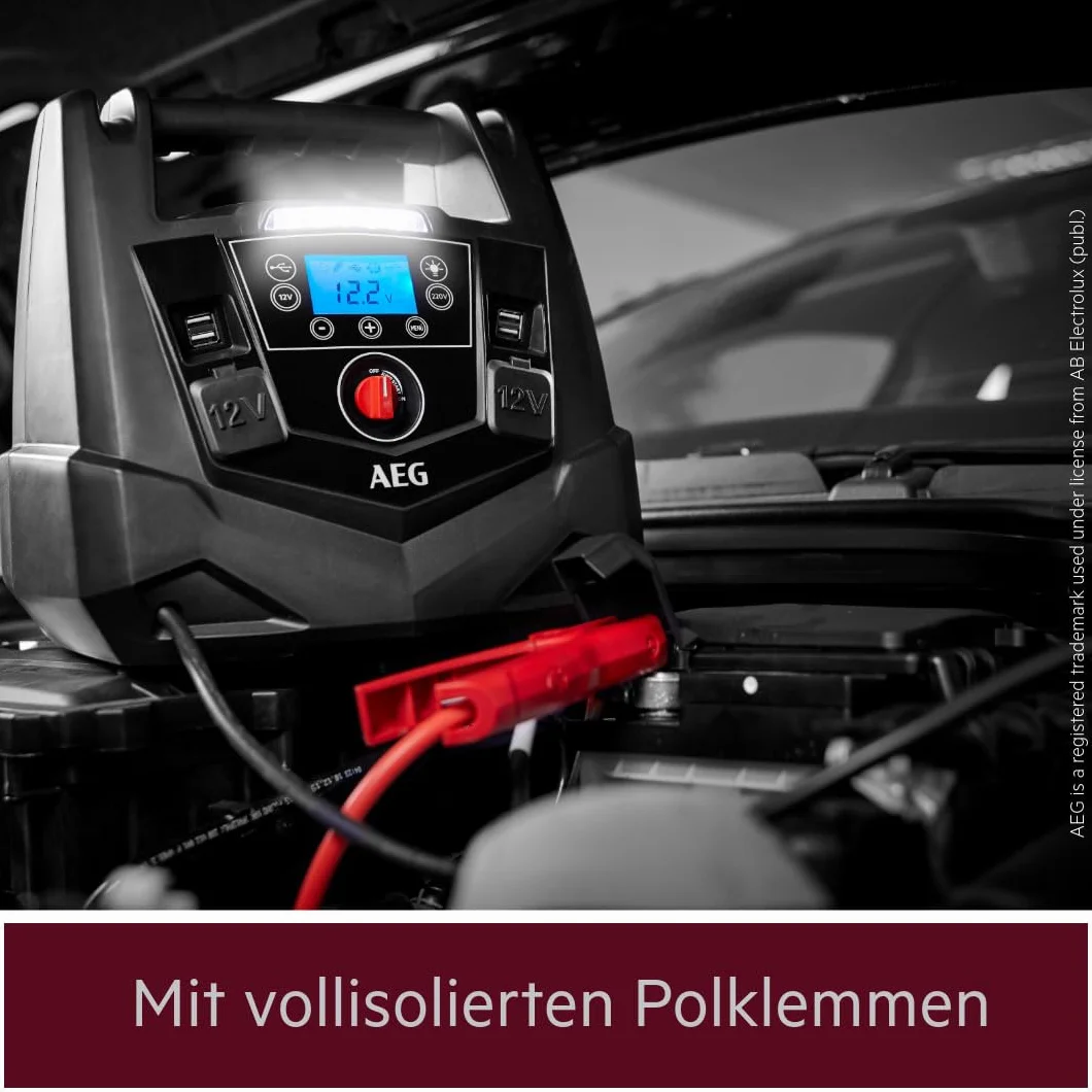 AEG Przenośna stacja energetyczna 12 V, urządzenie ułatwiające rozruch, stacja zasilająca ze sprężarką powietrza, przetwornica napięcia 220 V, gniazdko z 4 USB, kompatybilna z samochodami osobowymi,