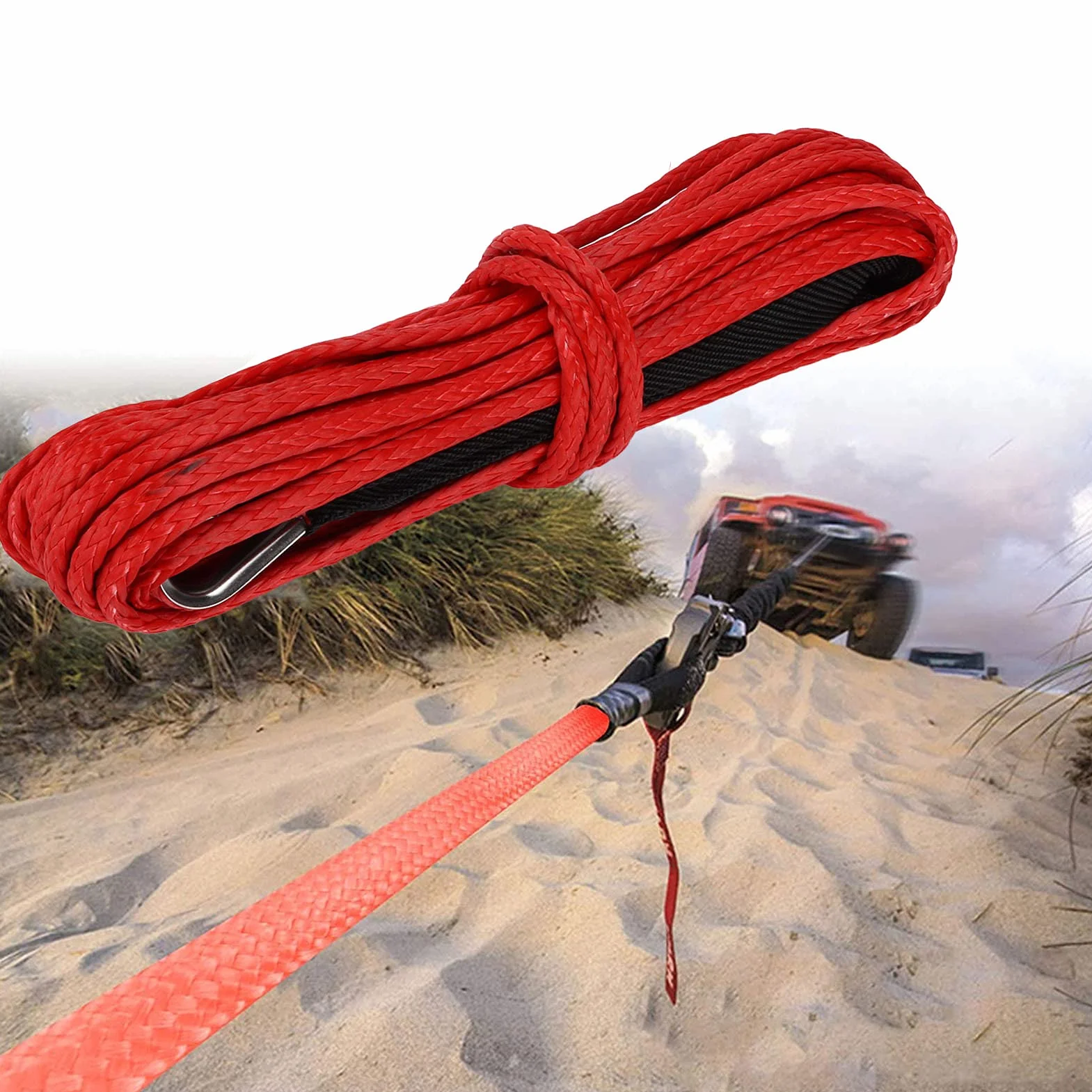 Lina Syntetyczna 15M Linka Wciągarki 7700LBS Nylonowa Linka Zastępcza z tuleją ochronną Kuty Hak do Pojazdów Terenowych ATV UTV SUV Truck Boat Kit i Heavy Duty (RED)