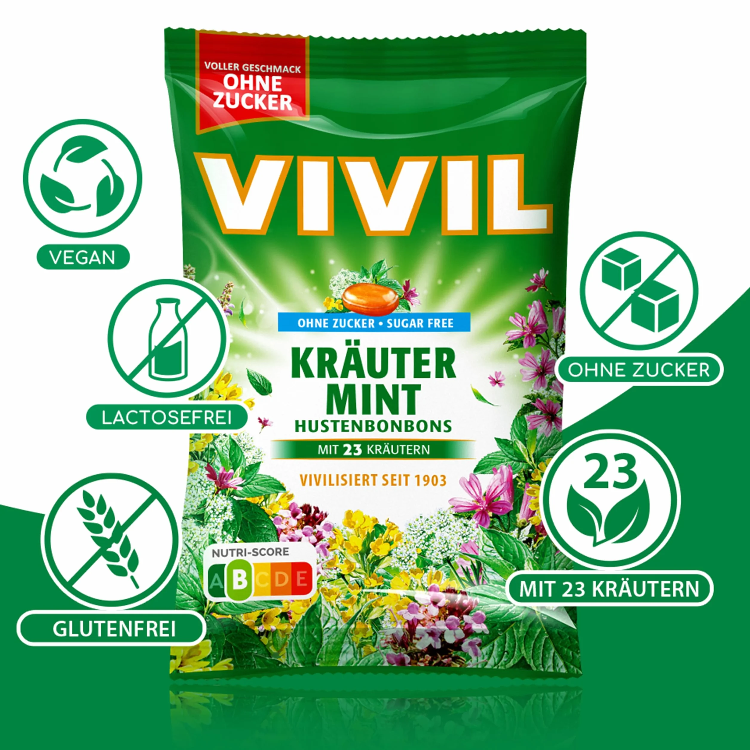 VIVIL Mięta ziołowa z 23 ziołami cukierki na kaszel bez cukru wegańskie 120 g