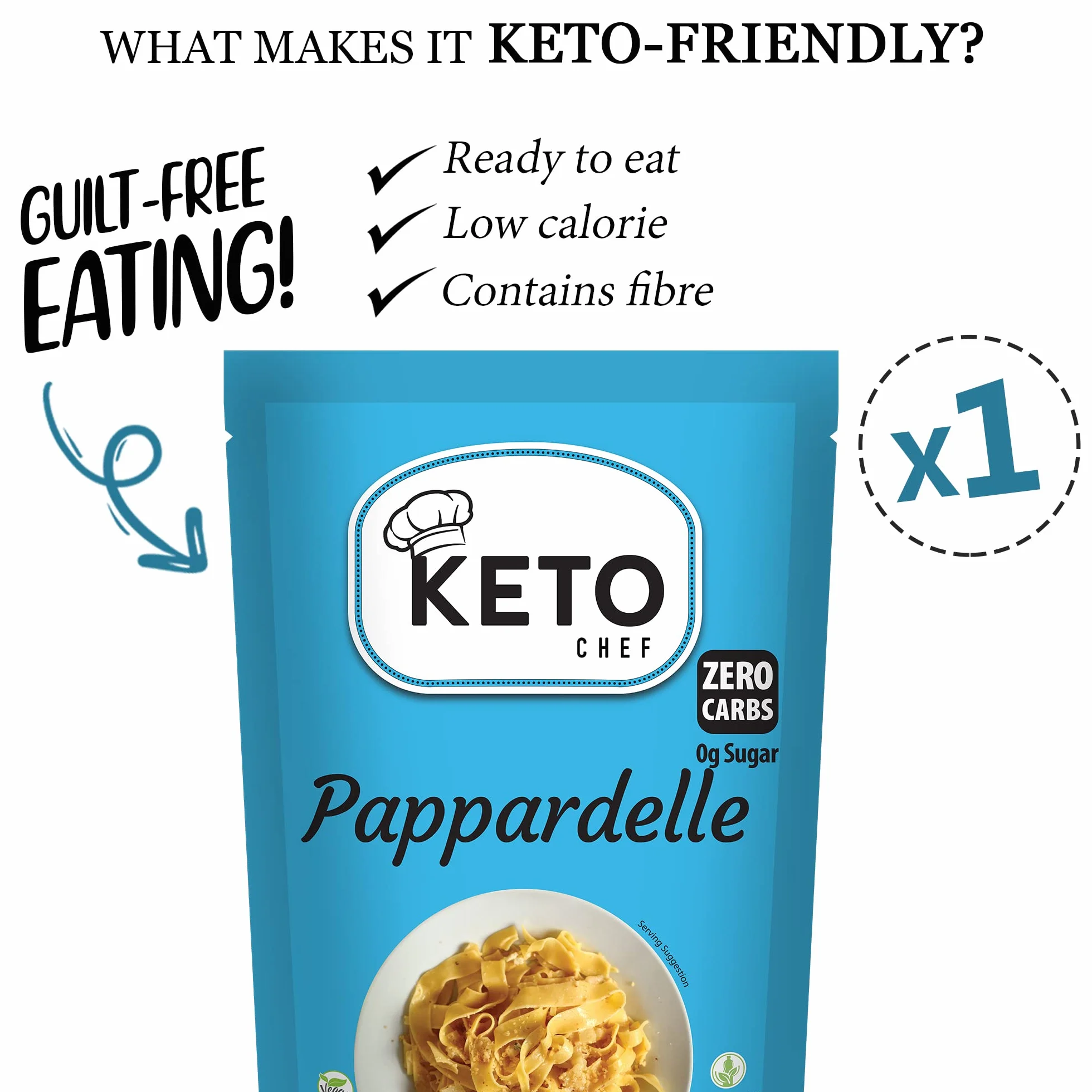 Keto Chef Konjac Pappardelle Pasta (1 x 270 g) makaron instant z włókna owsianego Shirataki, niskowęglowodanowy, bezglutenowy i bez cukru, wegański, gotowy do spożycia alternatywa, przyjazny dla diety