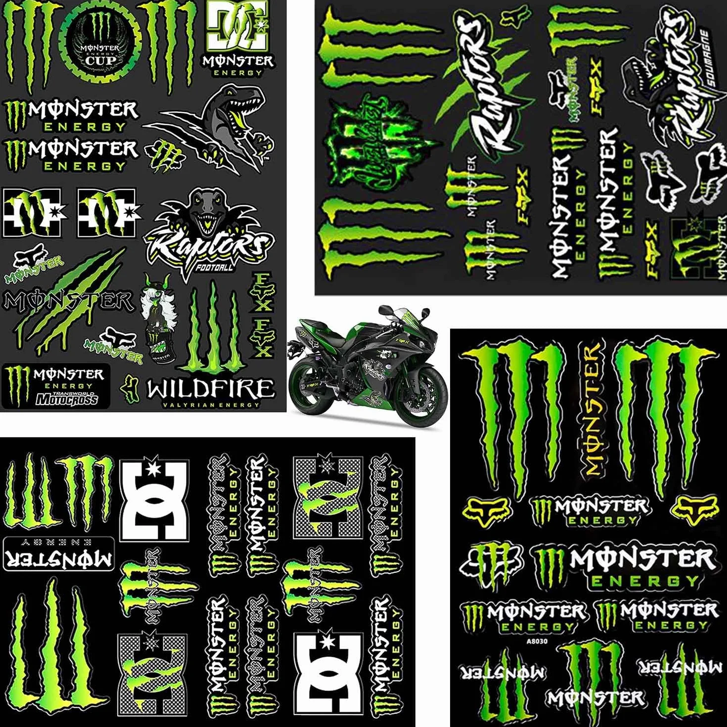 4-częściowy zestaw naklejek Monster Energy na motocykl, fajny kask motocyklowy – wysokiej jakości naklejki na motocykl, deskorolkę, samochód i rowery terenowe (A、B) (A)