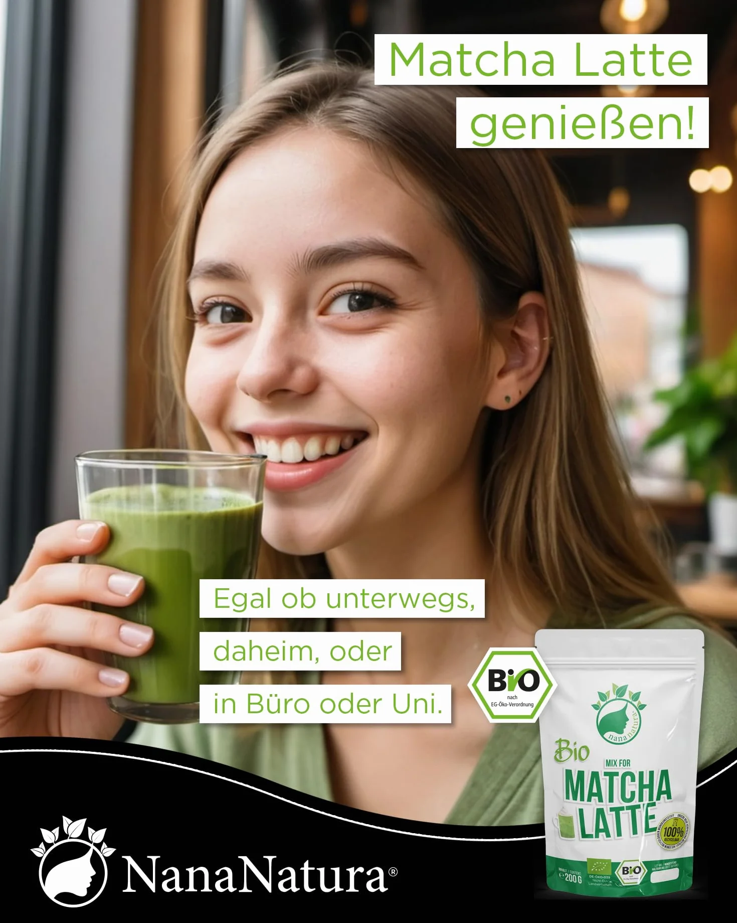 NanaNatura 's Bio Matcha Latte Mix z 22% japońską zieloną herbatą matcha w proszku i cukrem z kwiatami kokosowymi | zapewnia po prostu pyszną przyjemność z herbaty | również do lodów i wypieków