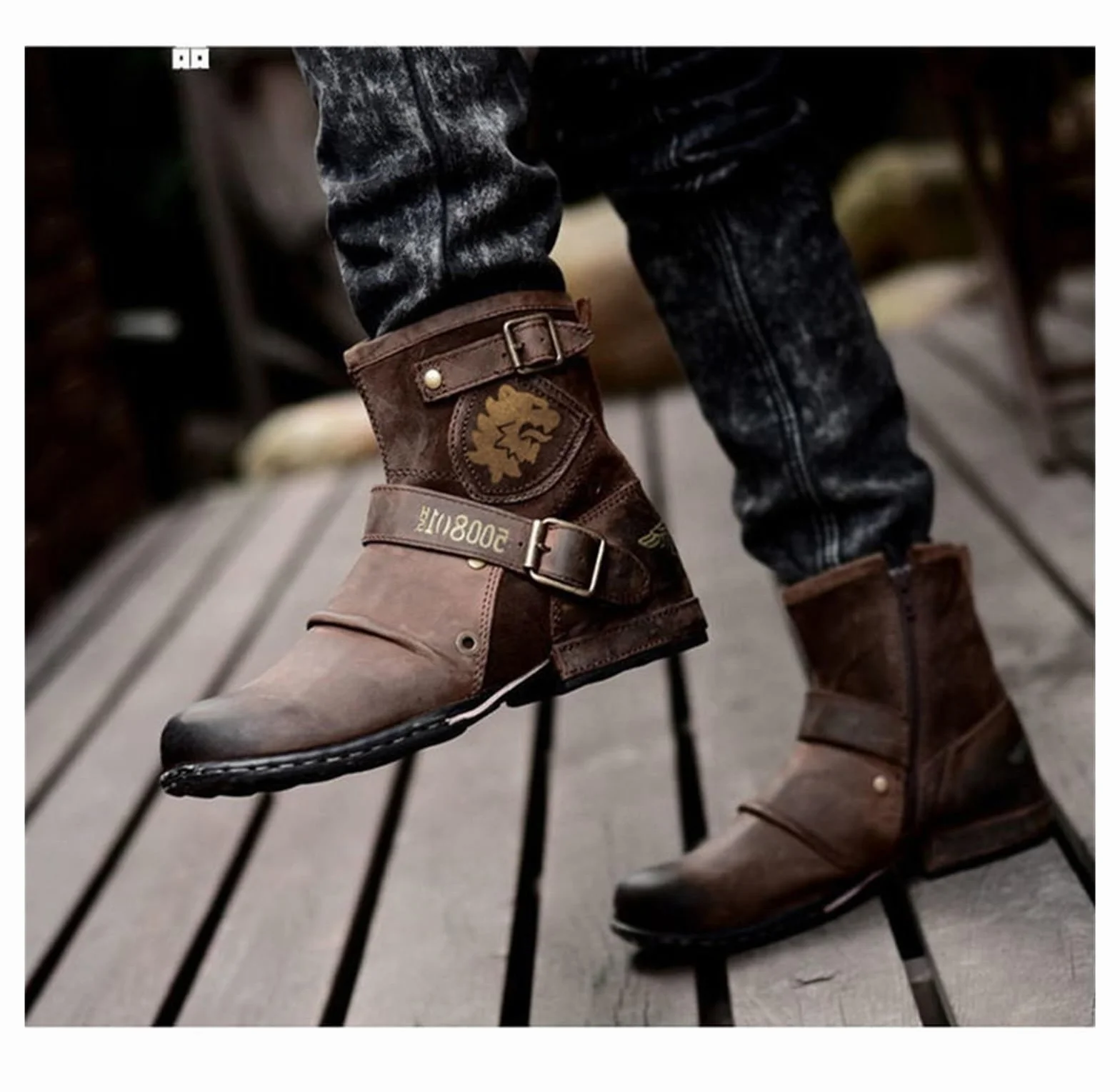 Buty Moto dla mężczyzn botki modne zapinane na zamek skórzane buty buty na co dzień wodoodporne buty motocyklowe zachodnie buty plus size (czarne, EU 43)