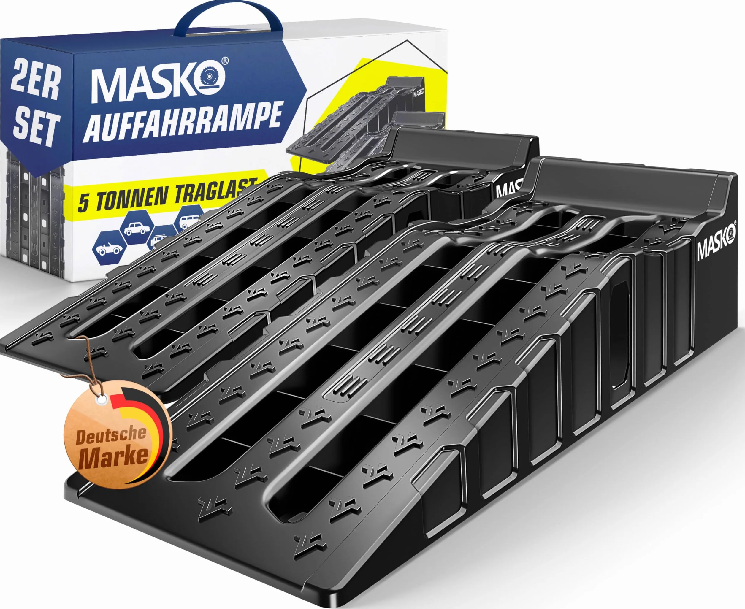 MASKO® Zestaw 2 ramp najazdowych do 7 ton nośności, rampa samochodowa z zabezpieczeniem przed wyciągnięciem, antypoślizgowa, stabilna, bardzo szeroka rampa