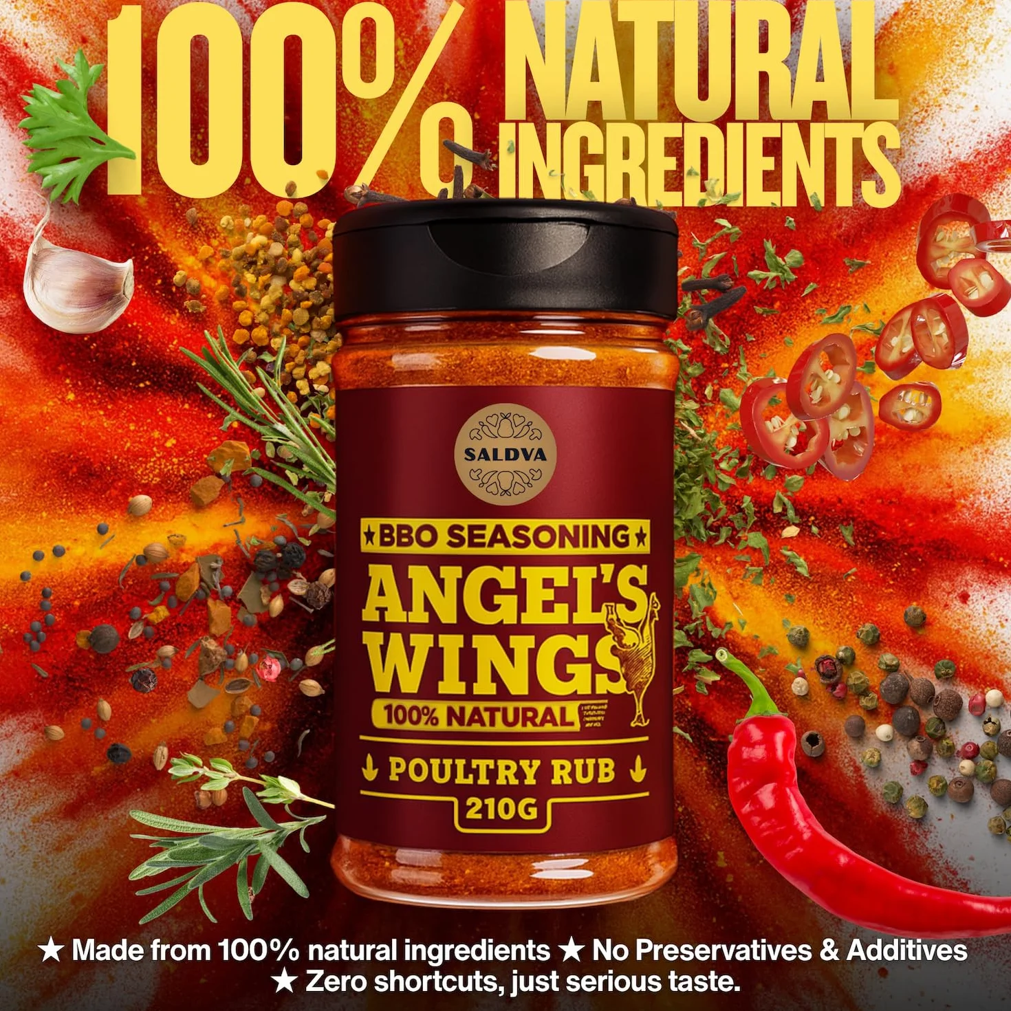 Angel's Wings BBQ Chicken Rub – 100 % naturalna aromatyczna przyprawa – Idealna mieszanka przypraw do wspaniałych dań z kurczaka z grilla – Duży słoik (210 g)
