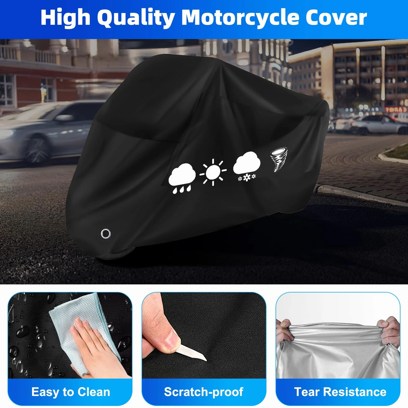 Plandeka ochronna na motocykl, z otworem na zamek, wodoszczelna, odporna na promieniowanie UV, do motorowerów, skuterów, enduro / dróg, akcesoria do motocykli, 245 x 105 x 125 cm