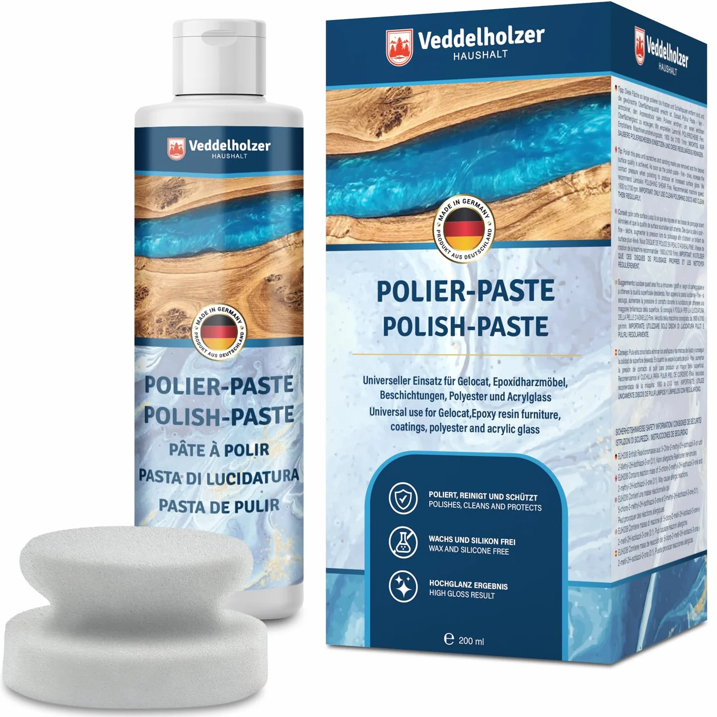 Veddelholzer Profesjonalna pasta polerska 200 ml + gąbka do polerowania do mebli i stołów z żywicy epoksydowej, szkła akrylowego, poliestru, żelokatu oraz tworzyw sztucznych wzmocnionych włóknem