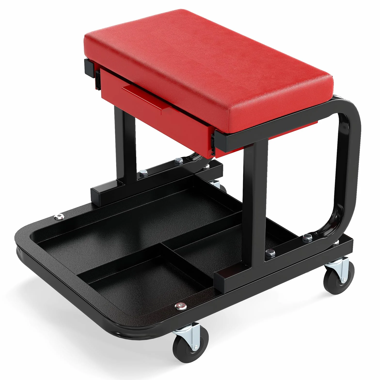 GOPLUS Taboret warsztatowy na kółkach, krzesło warsztatowe, obciążenie do 185 kg, taboret warsztatowy z kółkami 360°, wysuwana szuflada i półka na narzędzia, taboret roboczy do garażu (czerwony)